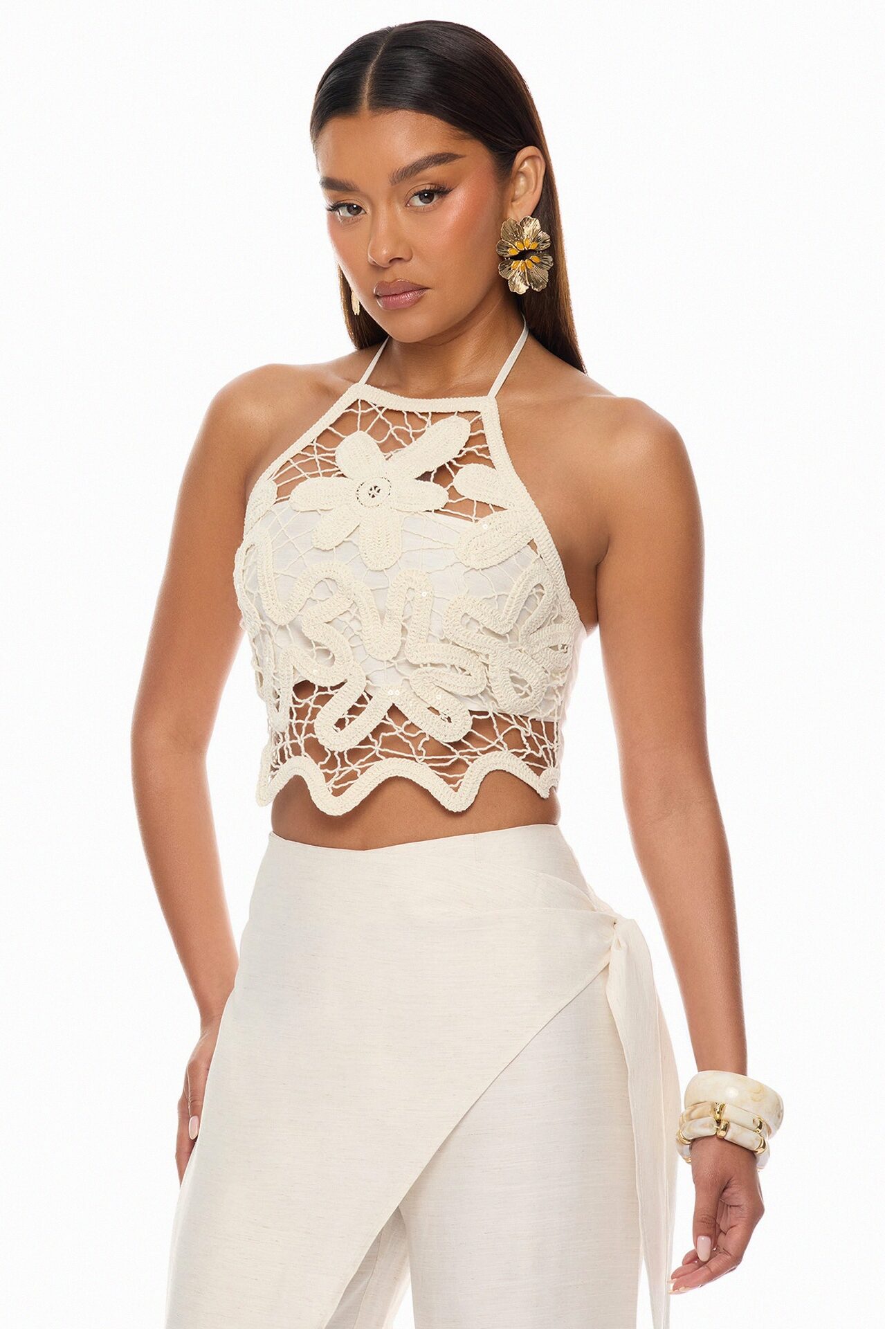 Golden Getaway Draped Crochet Pant Set - Cream