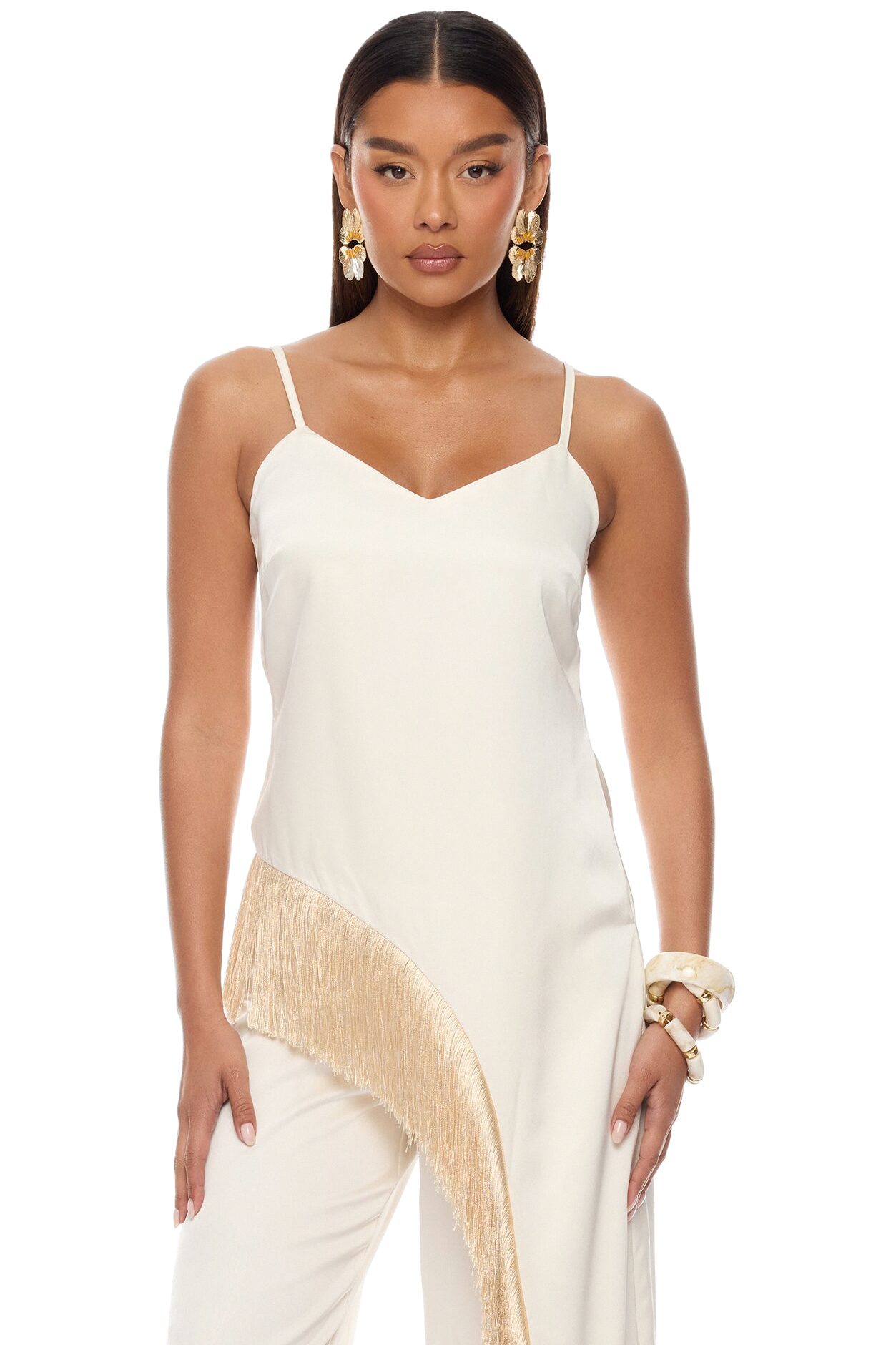 Natural Drama Fringe Satin Pant Set - Ivory