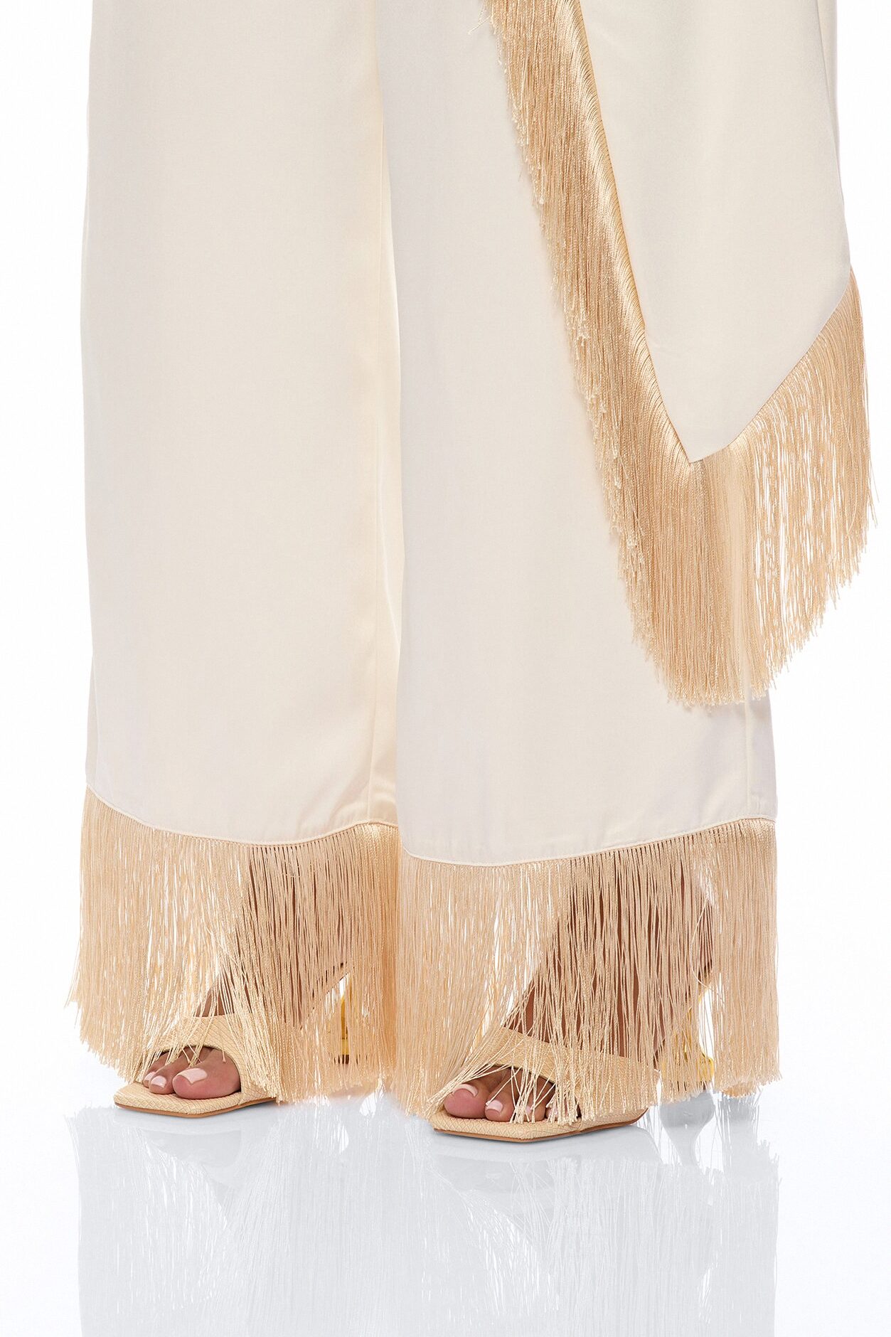 Natural Drama Fringe Satin Pant Set - Ivory