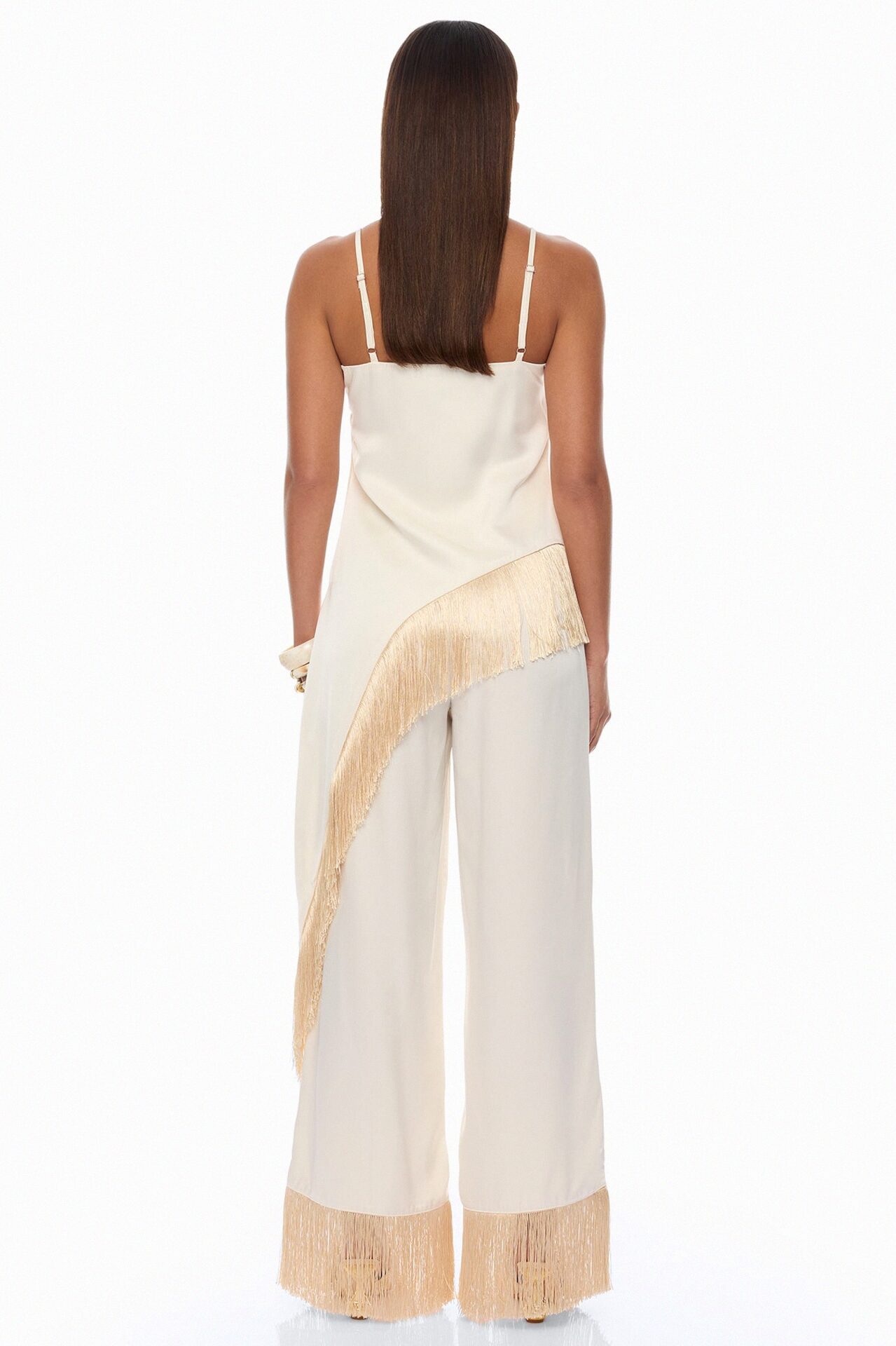 Natural Drama Fringe Satin Pant Set - Ivory