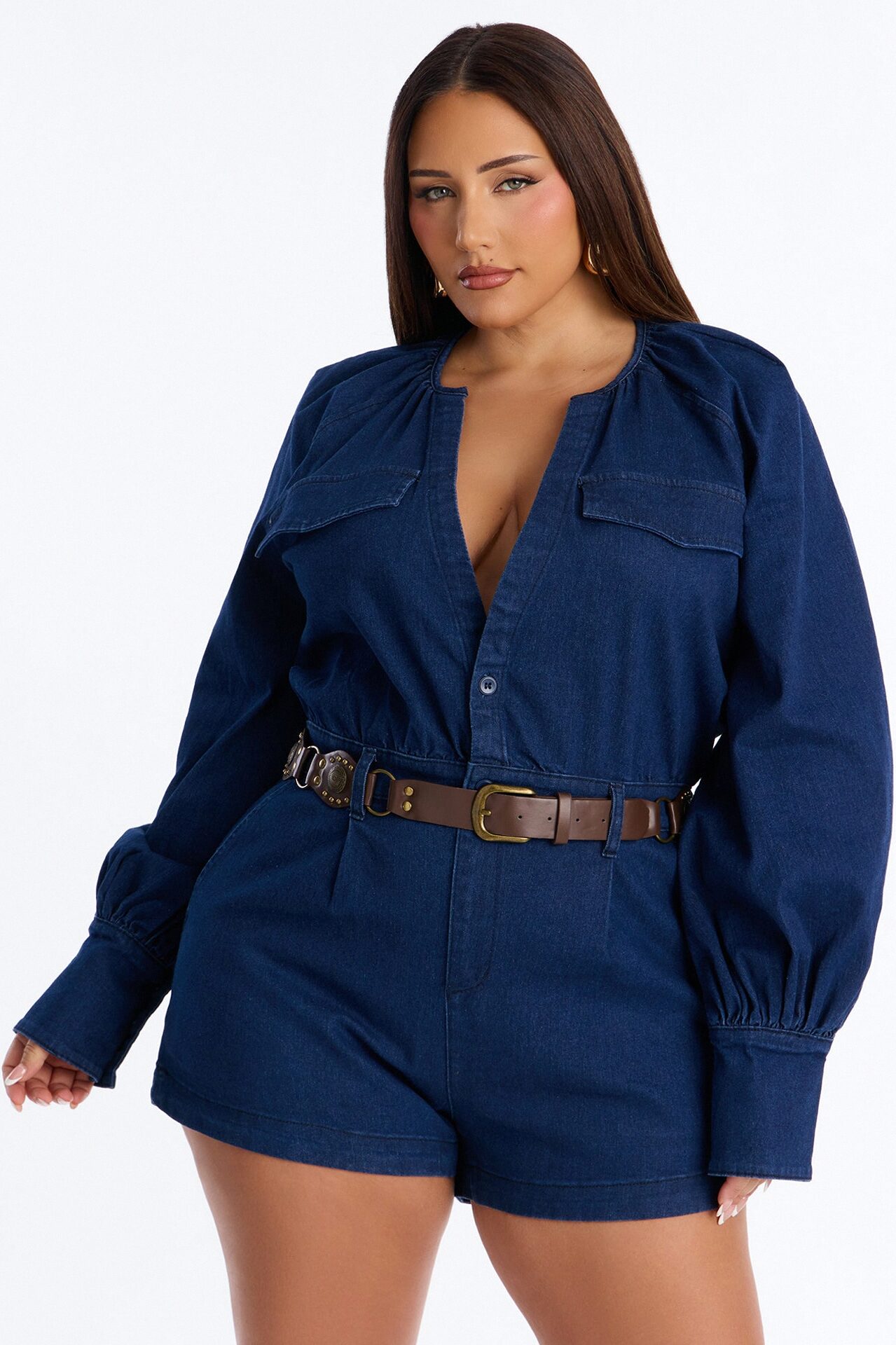 Off To La Quinta Belted Romper - Dark Wash