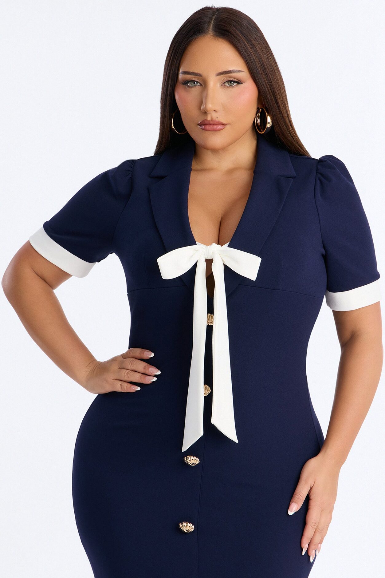 Margot Bow Midi Dress - Navy/combo