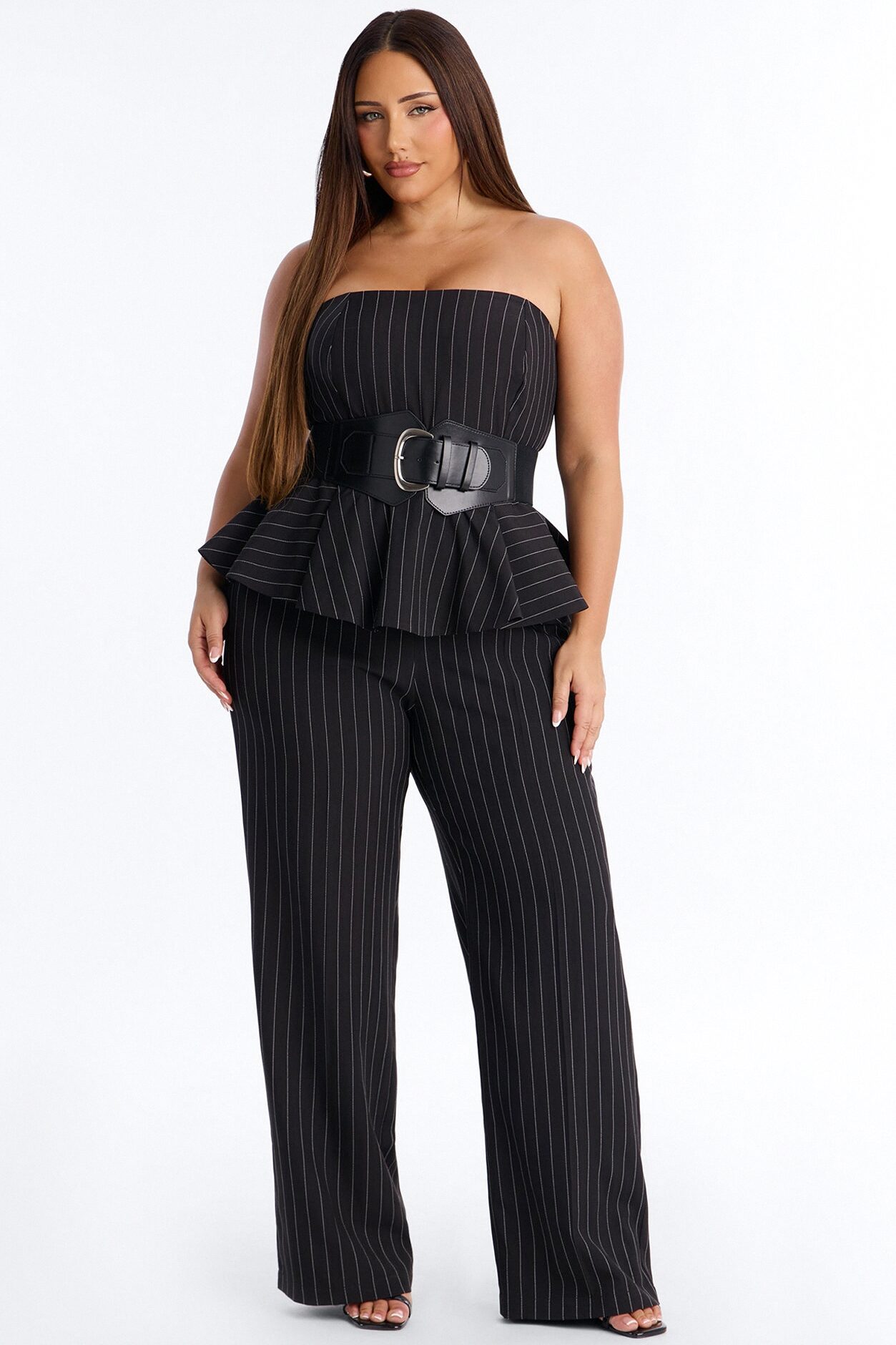 Jessa Pinstripe Belted Wide Leg - Black