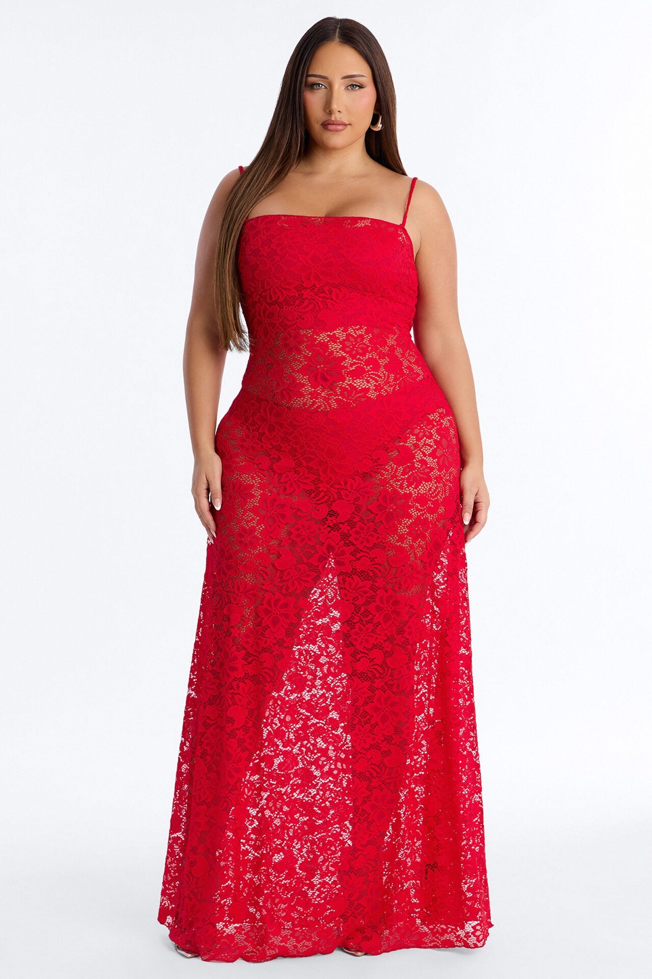 Jaylin Sheer Lace Maxi Dress - Red