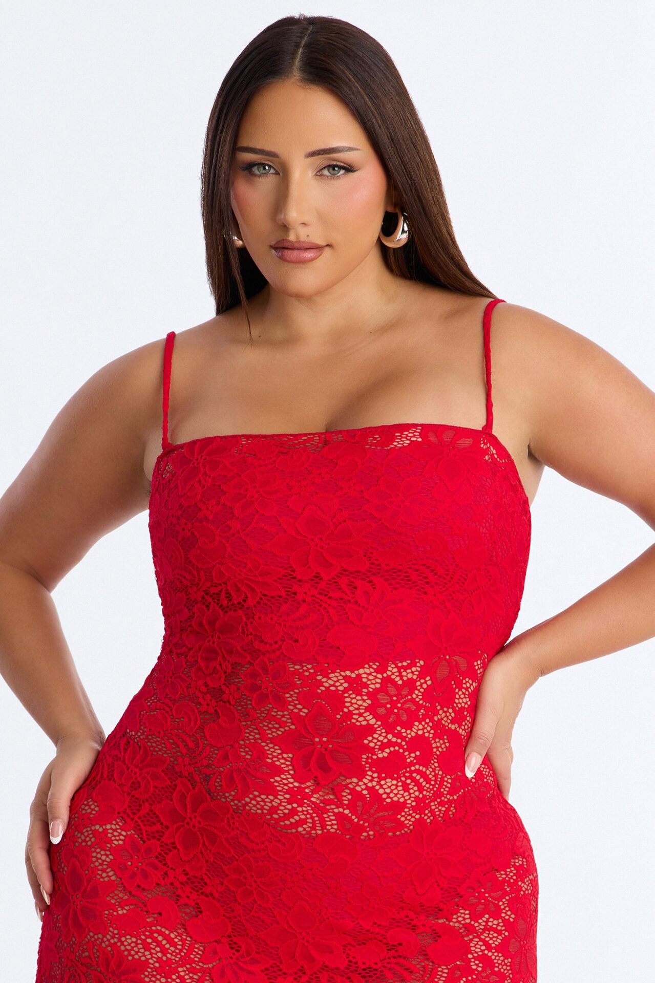 Jaylin Sheer Lace Maxi Dress - Red