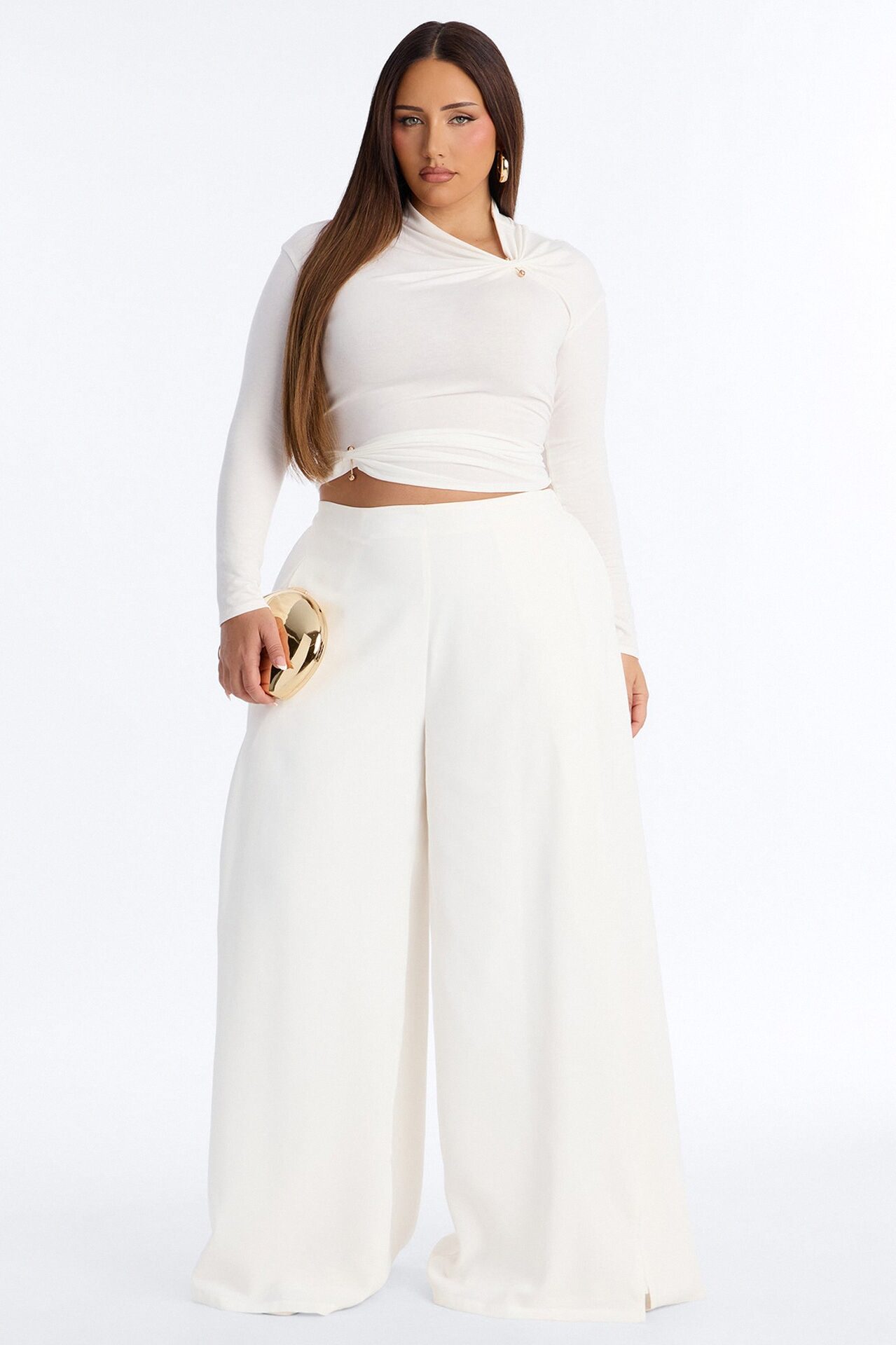 Pin Me Asymmetrical Neck Long Sleeve Top - White