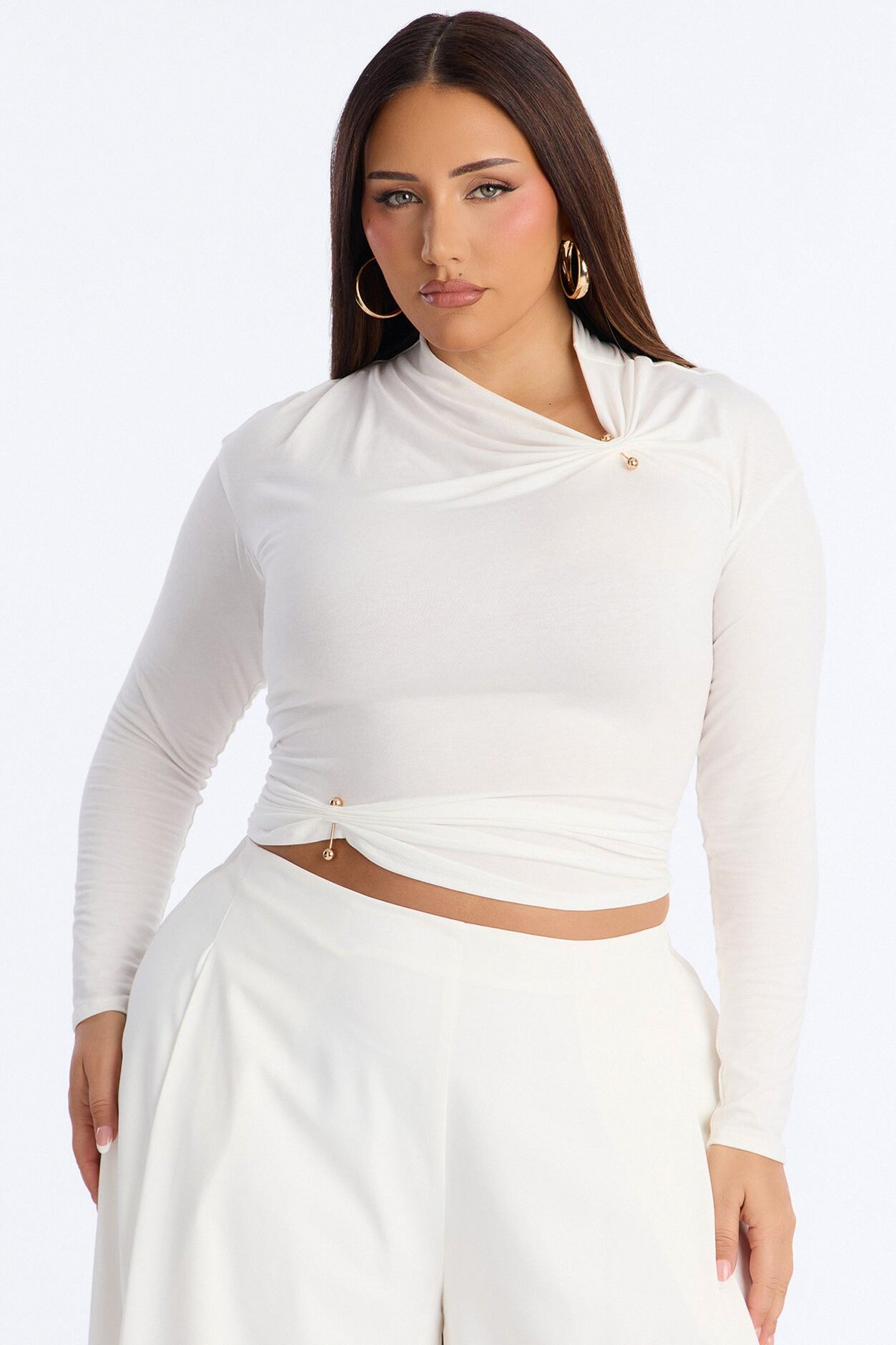 Pin Me Asymmetrical Neck Long Sleeve Top - White