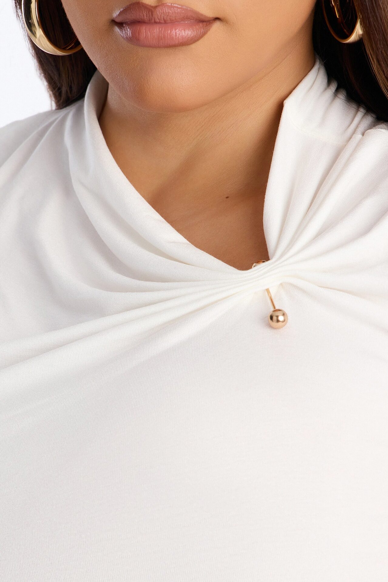 Pin Me Asymmetrical Neck Long Sleeve Top - White