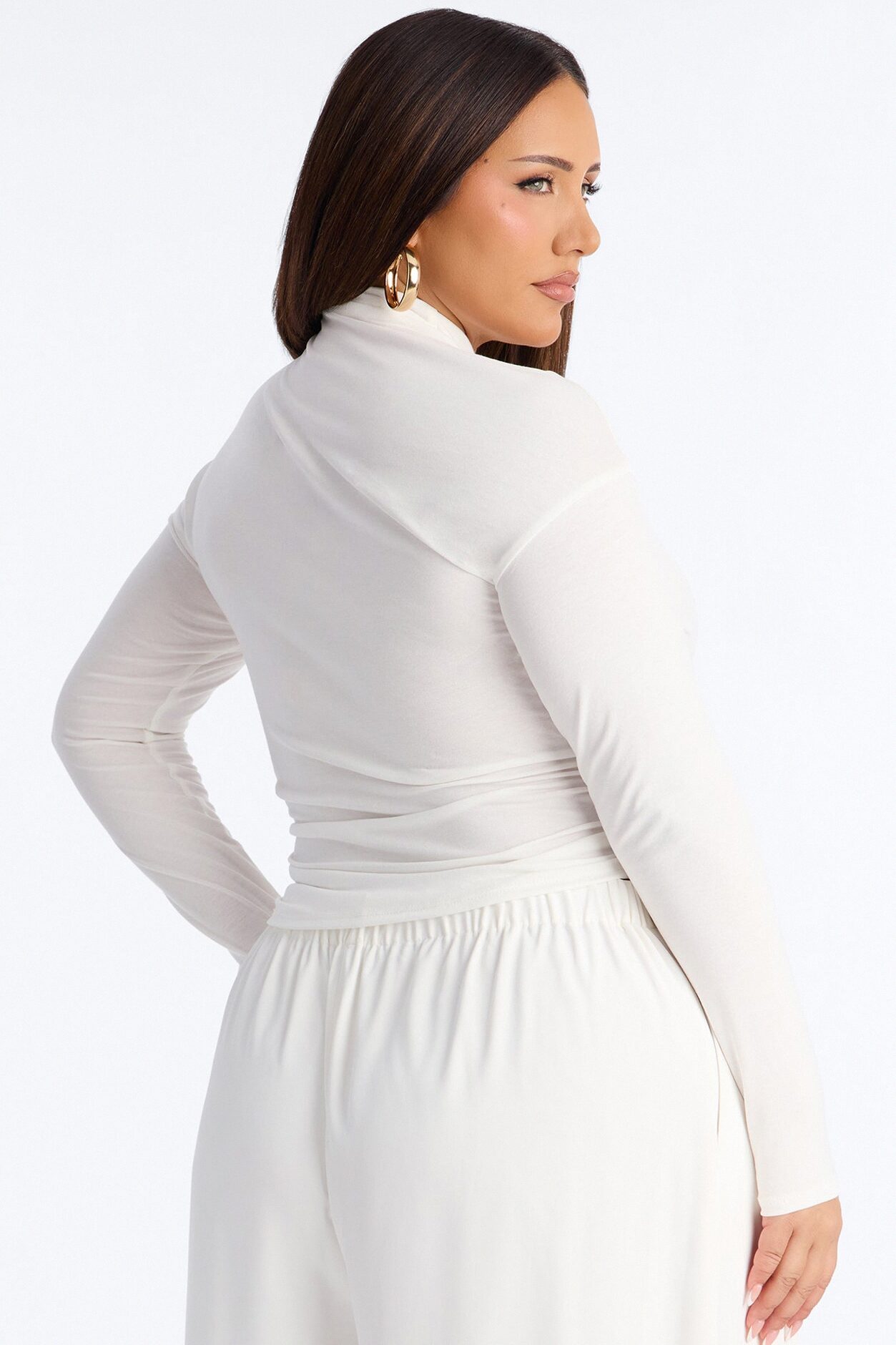 Pin Me Asymmetrical Neck Long Sleeve Top - White