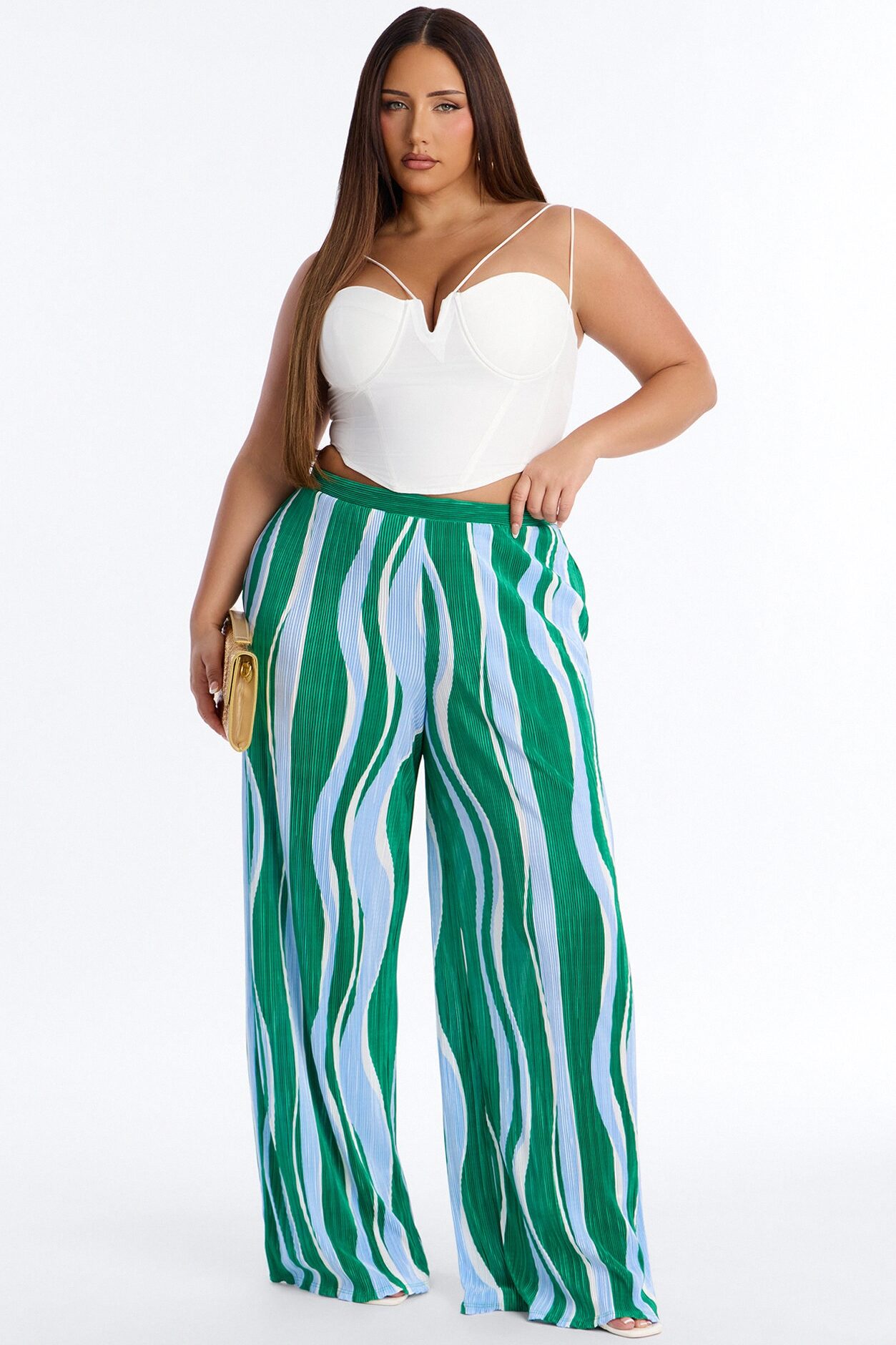 In The Tropics Abstract Plisse Wide Leg Pant 33″ - Green/combo
