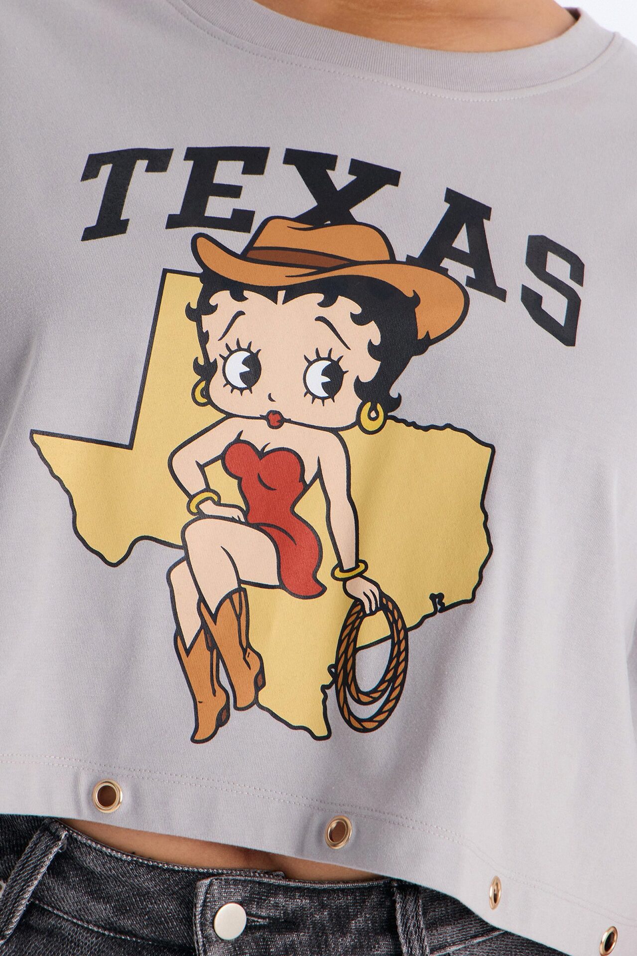 Betty Boop Texas Cropped Tee With Studs - Light Grey