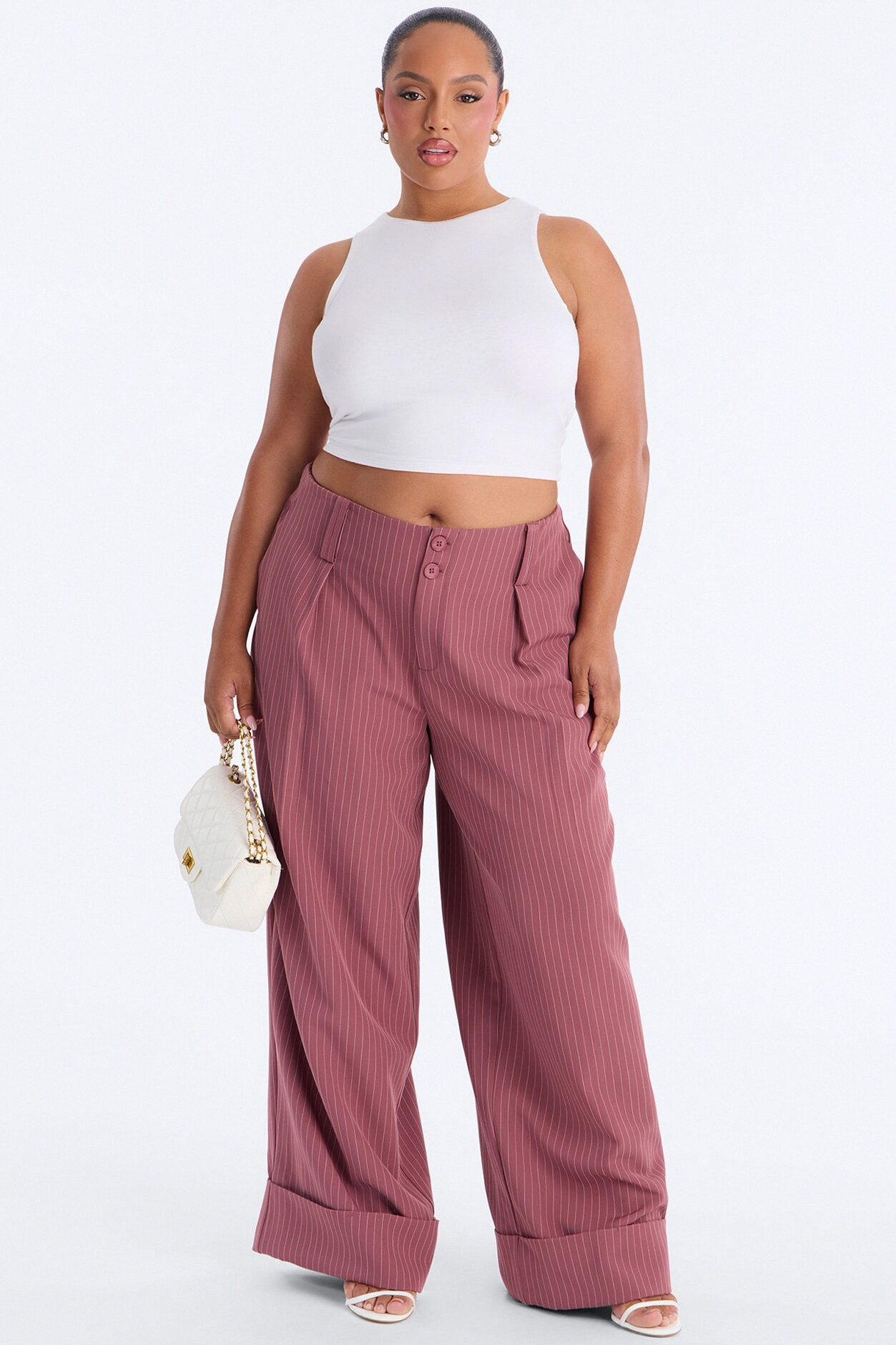 Adalyn Mid Rise Pinstripe Wide Leg Trouser Pant 33″ - Mauve