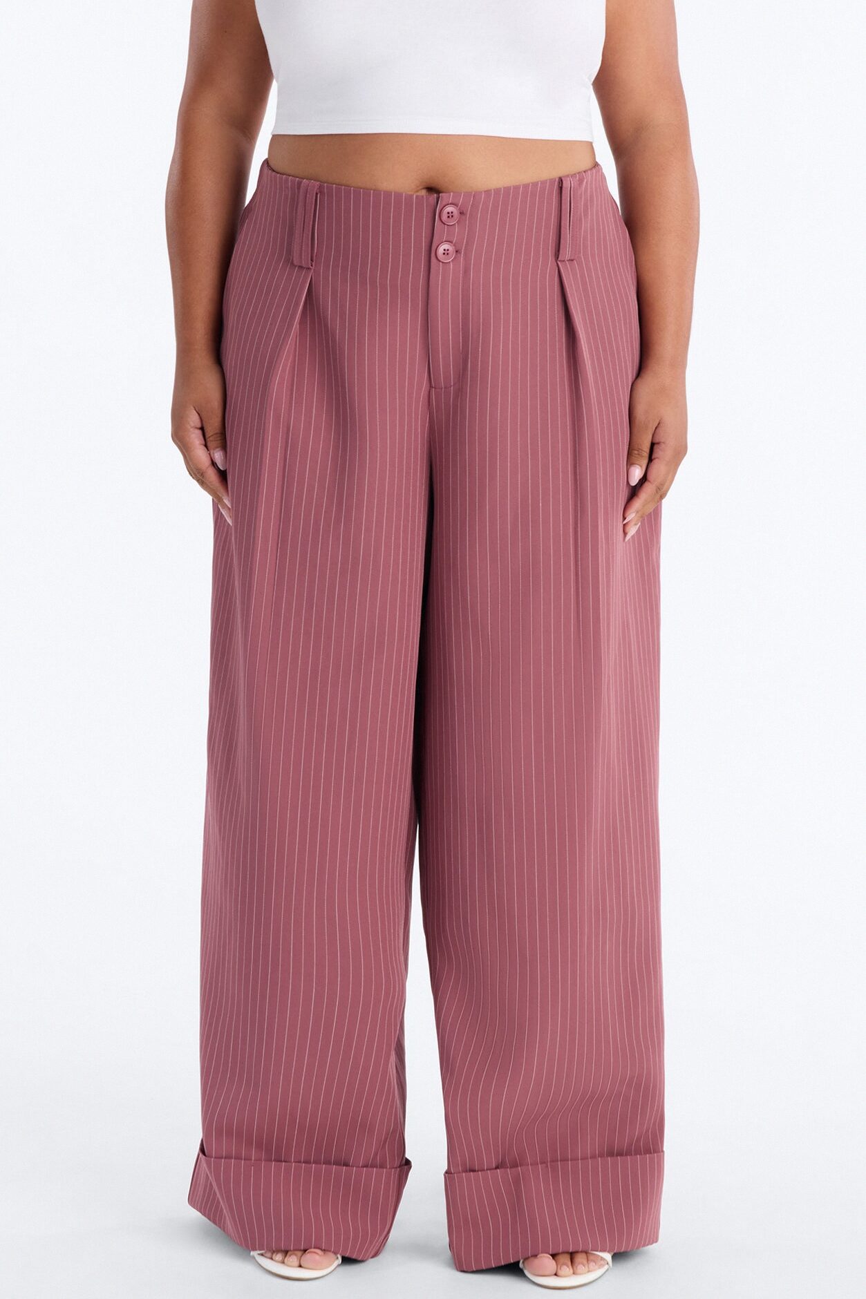 Adalyn Mid Rise Pinstripe Wide Leg Trouser Pant 33″ - Mauve