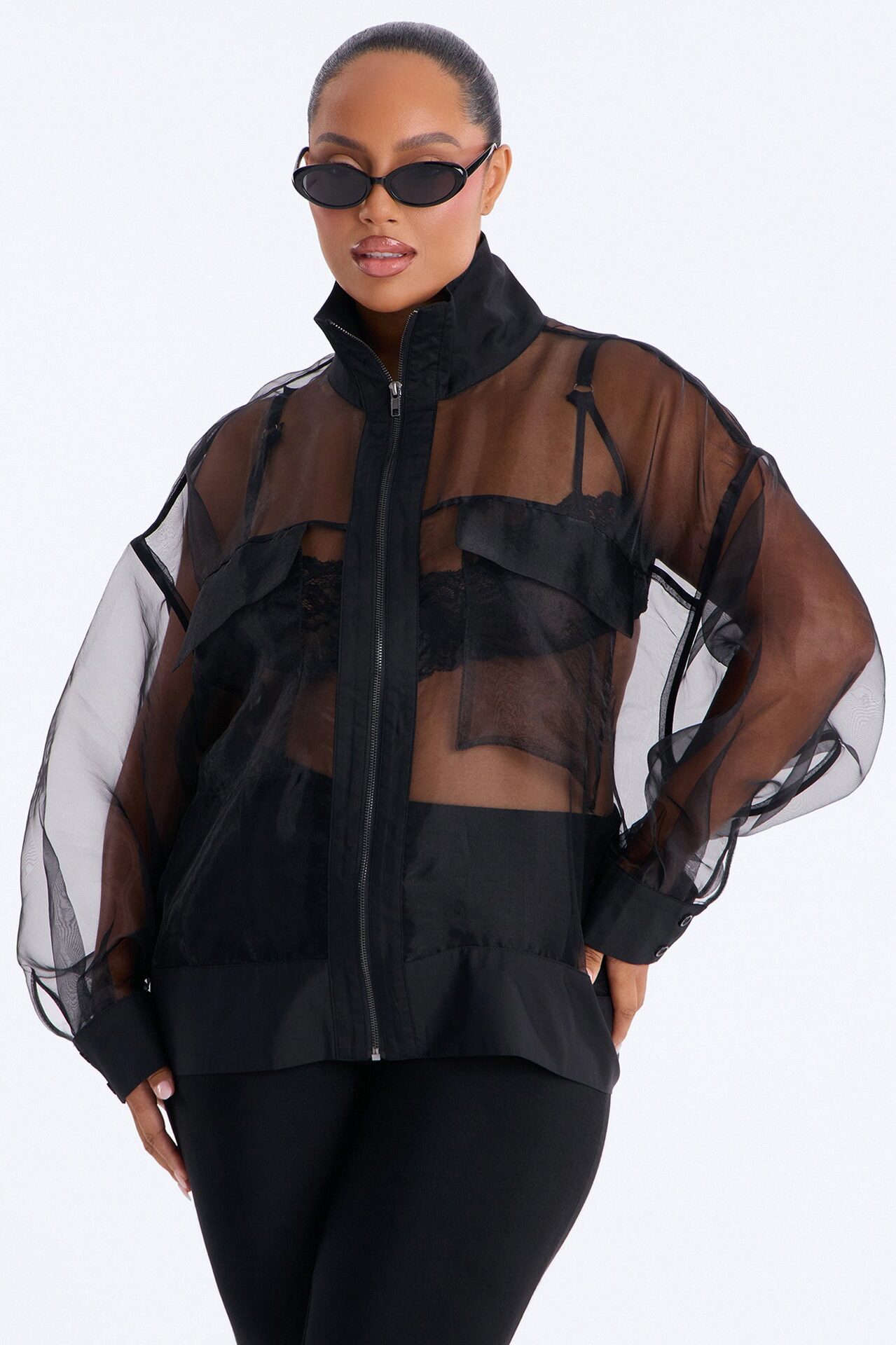 Something To Prove Sheer Organza Bomber Jacket - Black
