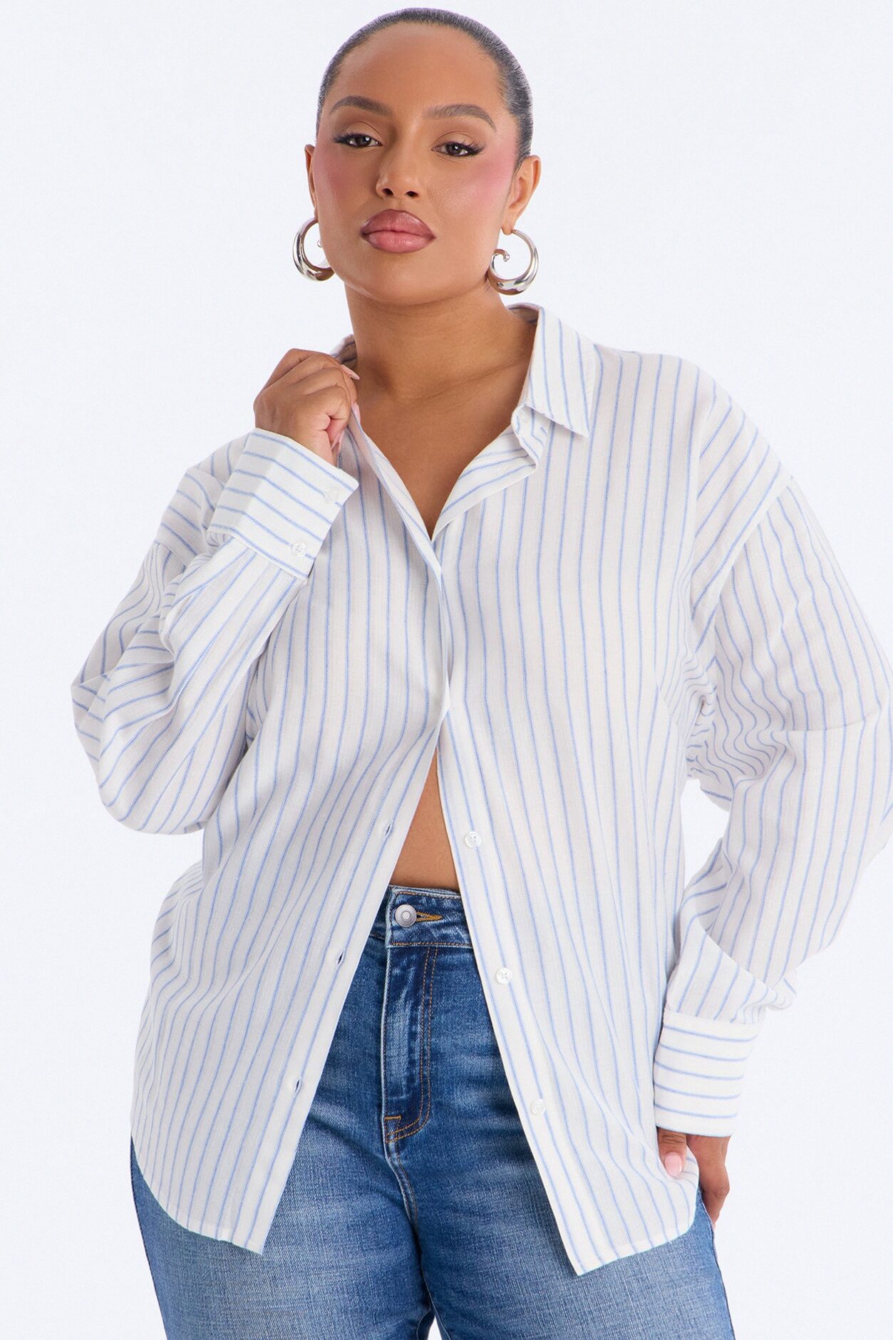 Weekend Mood Oversized Stripe Linen Shirt - Blue/combo