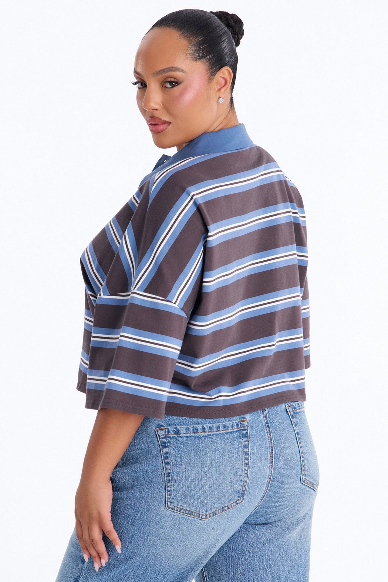 West Coast Stripe Cropped Polo Top - Blue/combo
