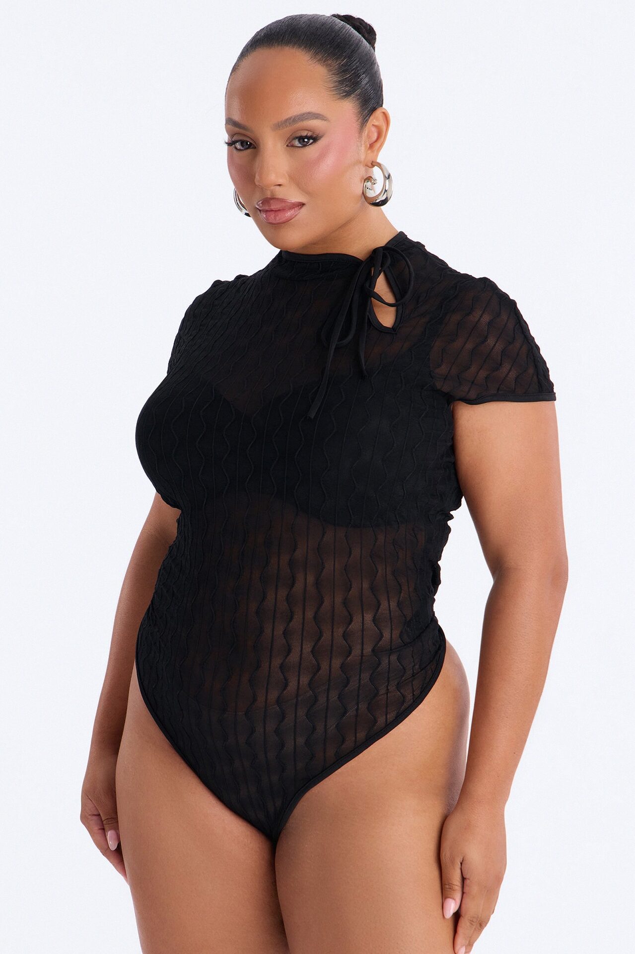 Nayeli Sheer Mesh Short Sleeve Bodysuit - Black