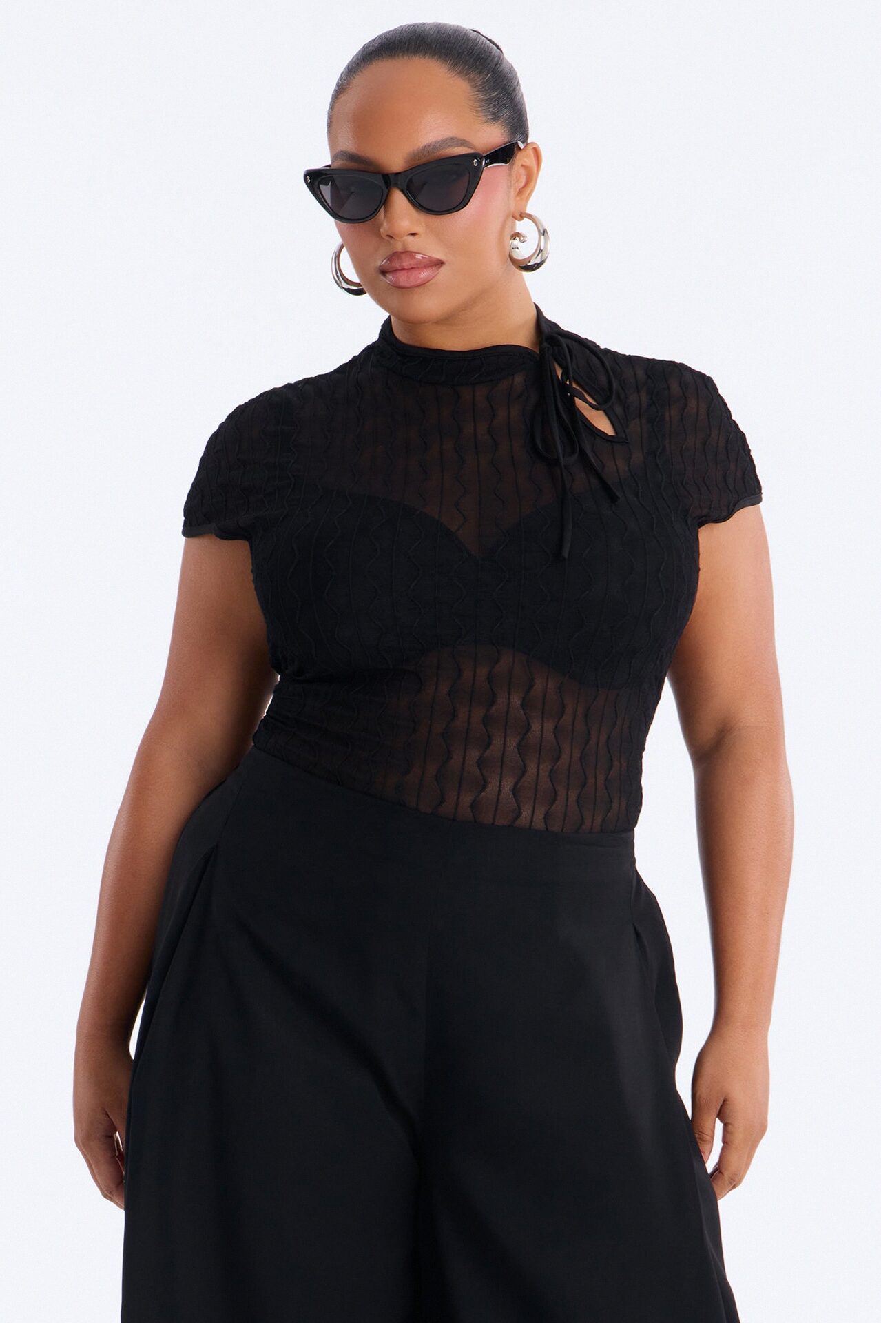 Nayeli Sheer Mesh Short Sleeve Bodysuit - Black