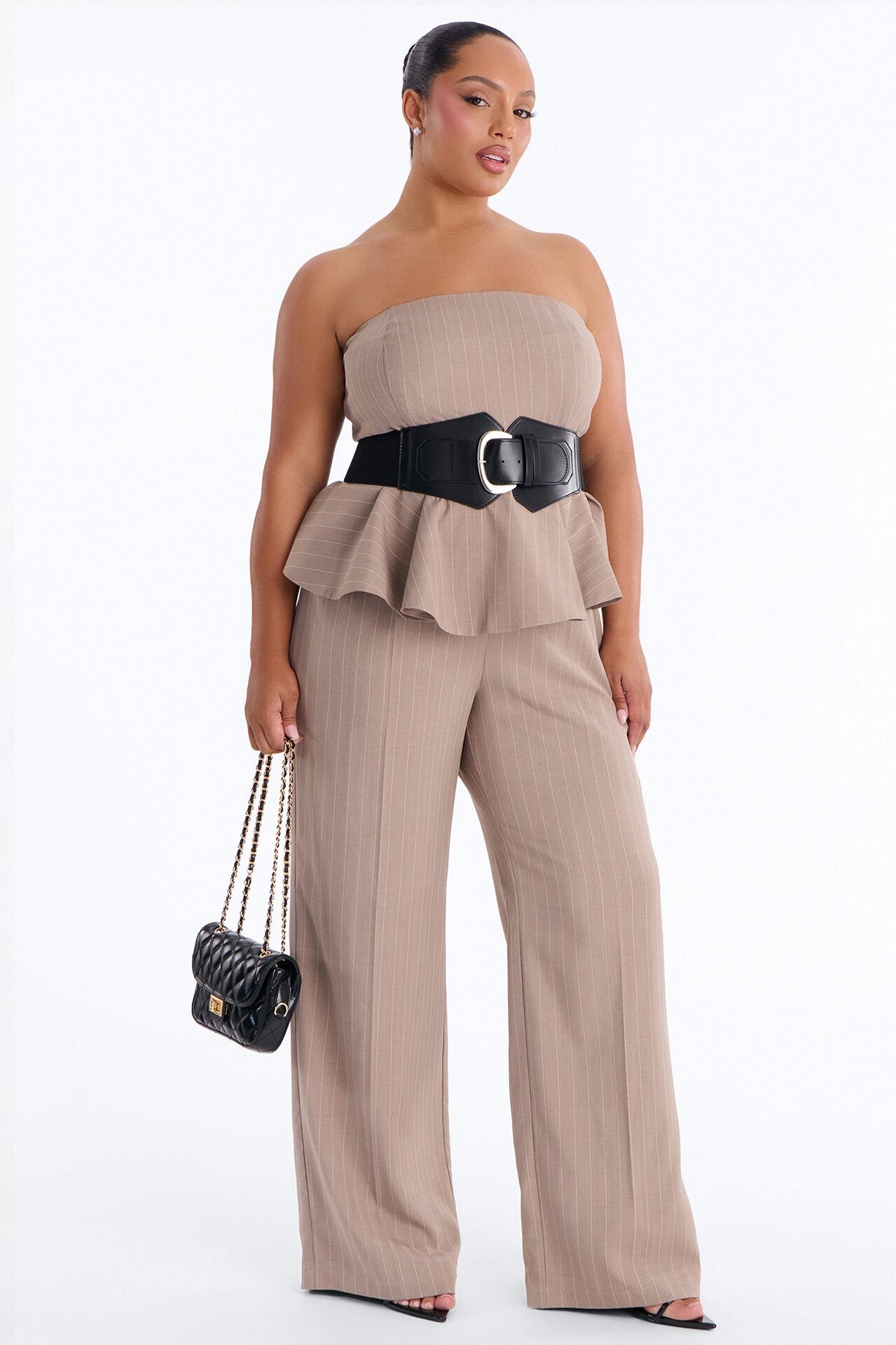 Jessa Pinstripe Belted Wide Leg - Taupe