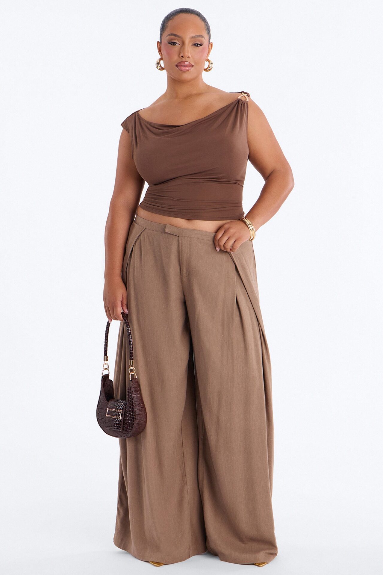 Gracie Low Rise Pleated Linen Wide Leg Trouser 33″ - Taupe