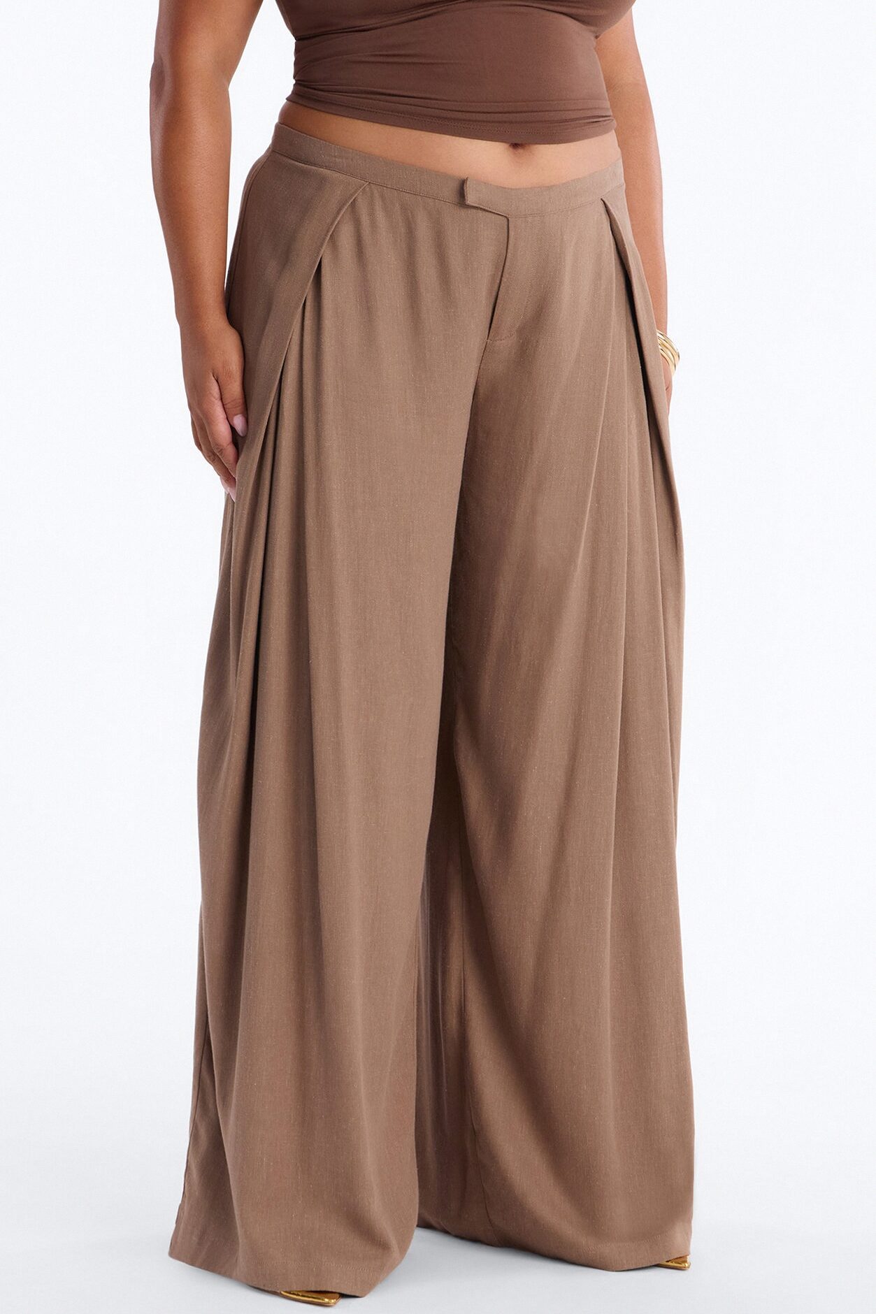 Gracie Low Rise Pleated Linen Wide Leg Trouser 33″ - Taupe