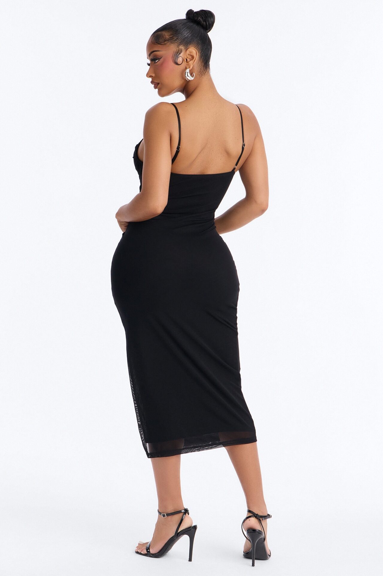 Megan Ruched Mesh Midi Dress - Black