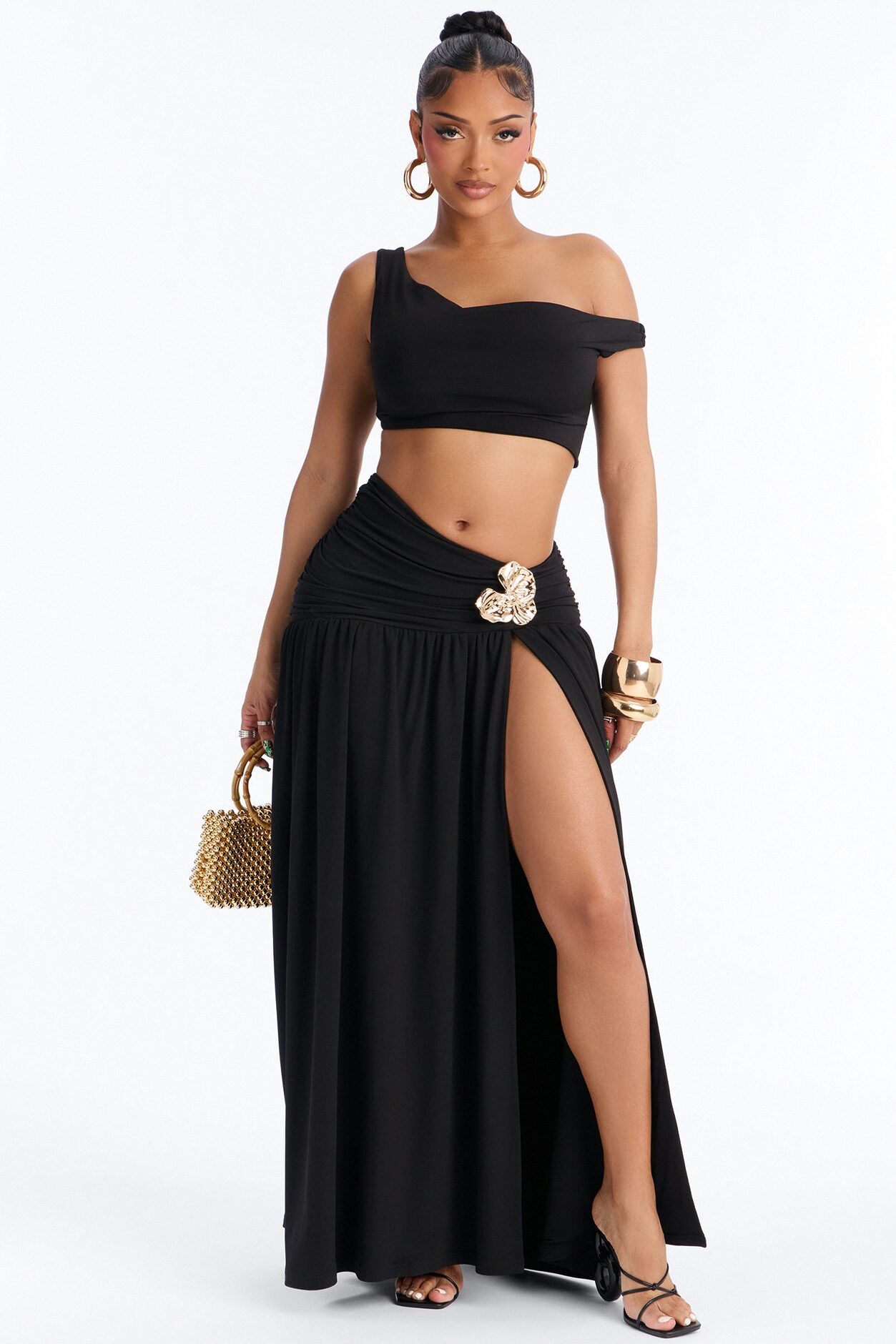 Marilyn Off Shoulder High Slit Maxi Skirt Set - Black