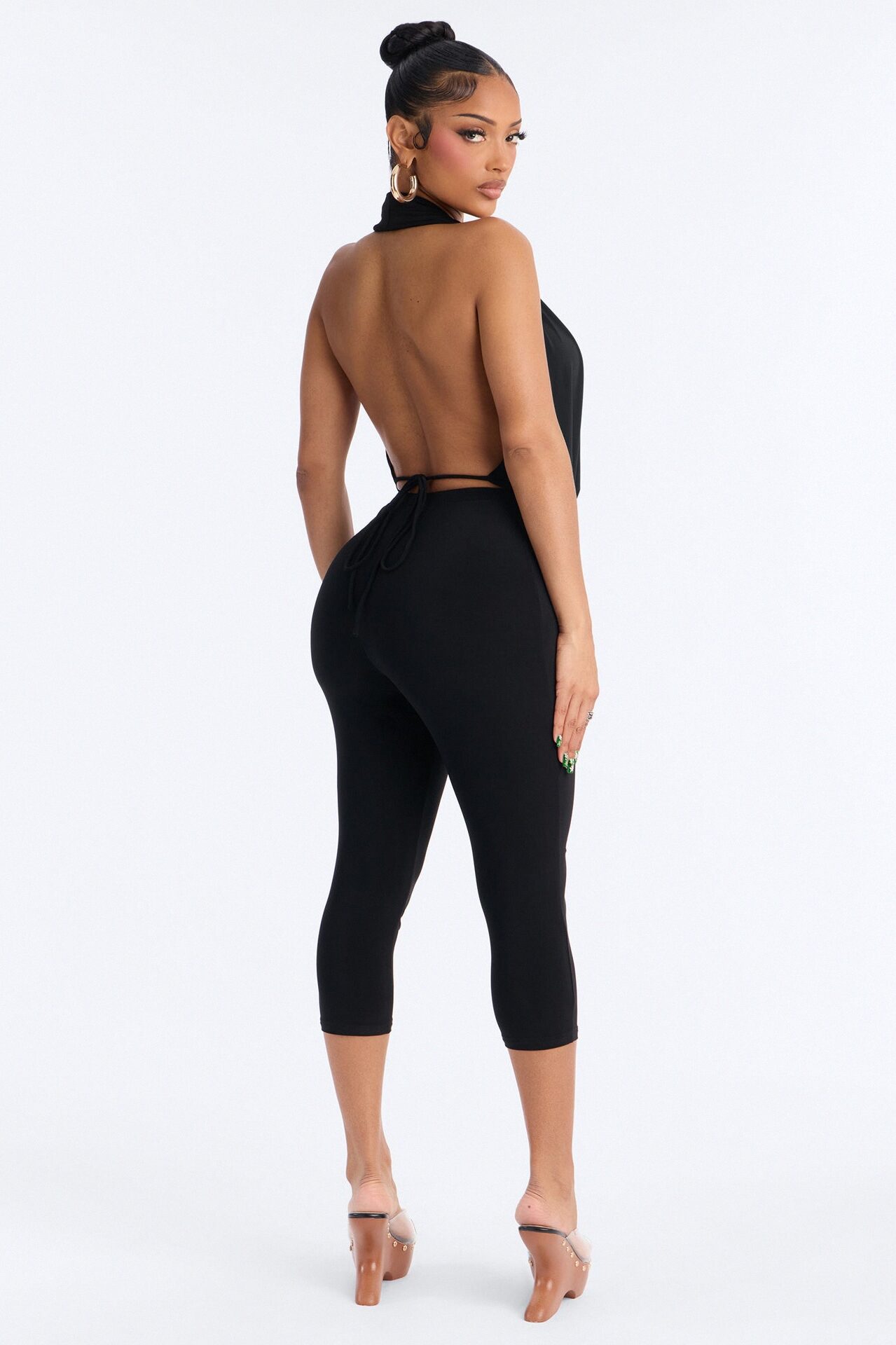 Jade Cowl Neck Studded Capri Pant Set - Black
