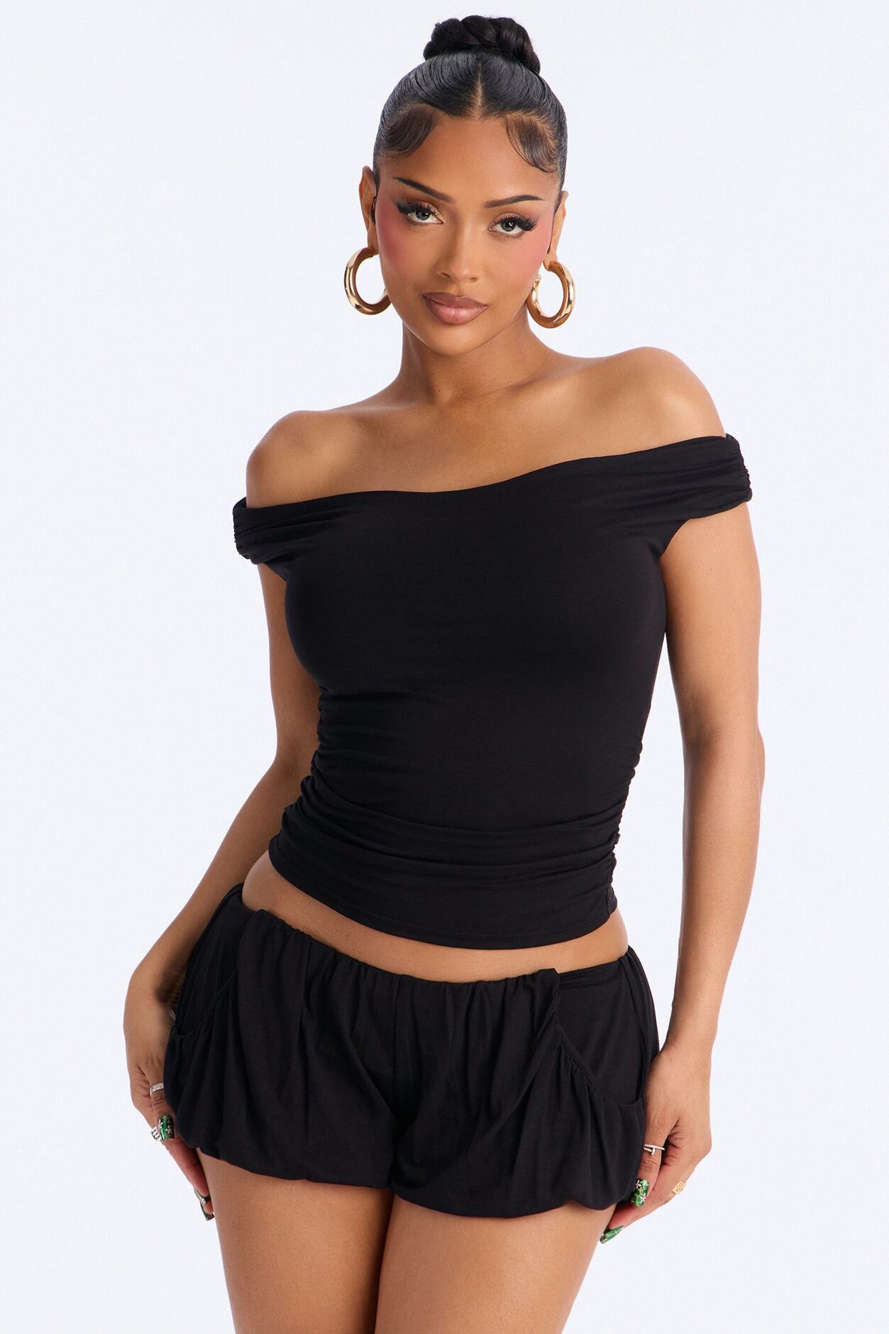 Kennedy Off Shoulder Bubble Short Set - Black