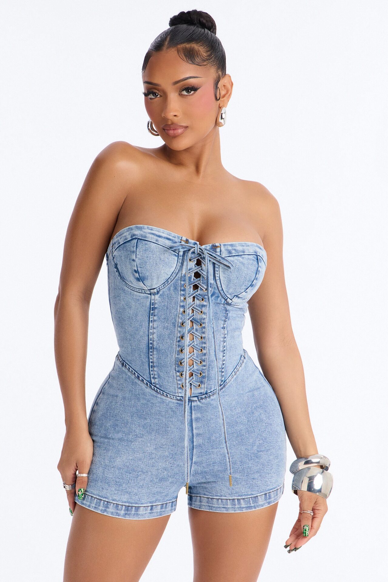 Fawn Strapless Denim Micro Romper - Light Wash
