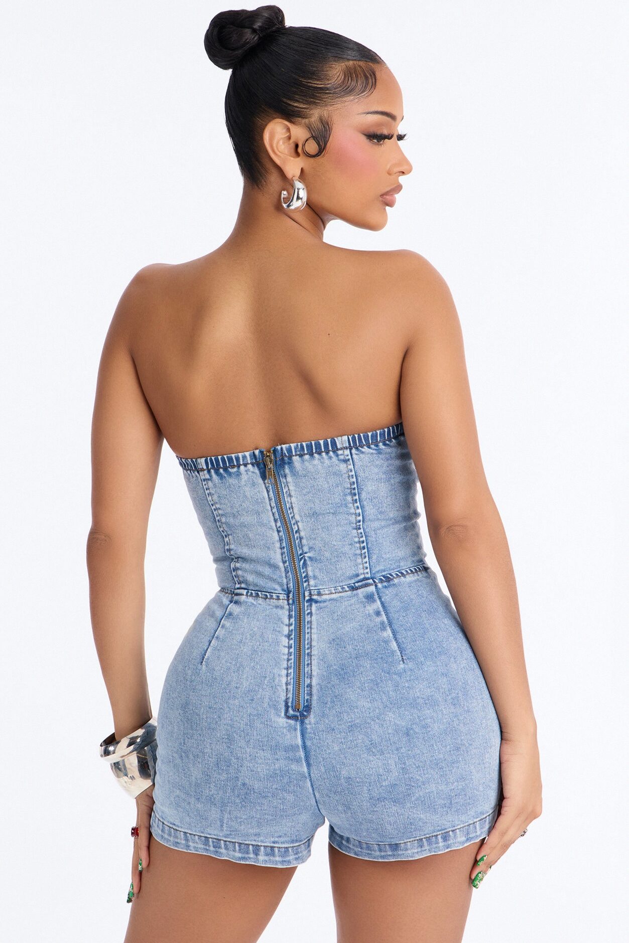 Fawn Strapless Denim Micro Romper - Light Wash