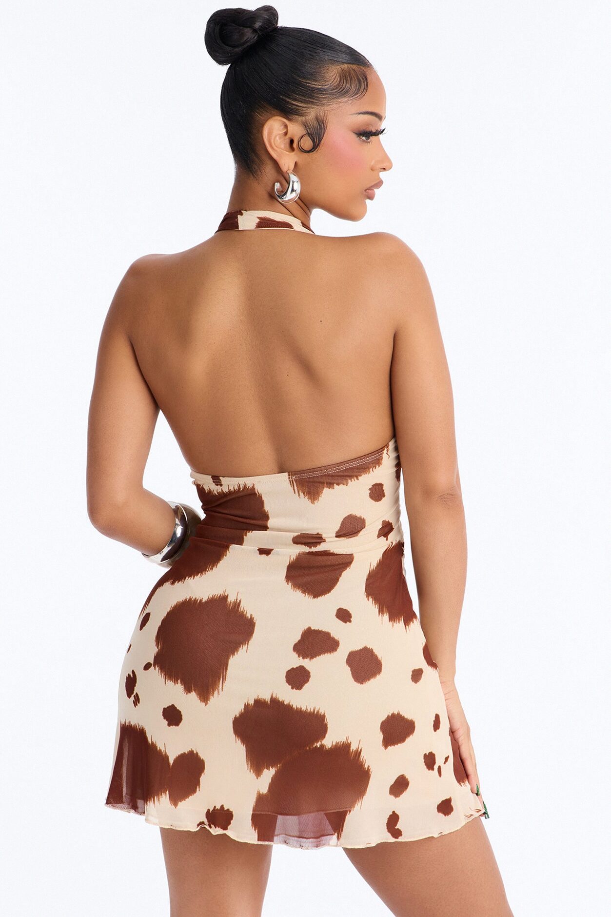 Mavis Cowl Neck Mesh Mini Dress - Brown Combo