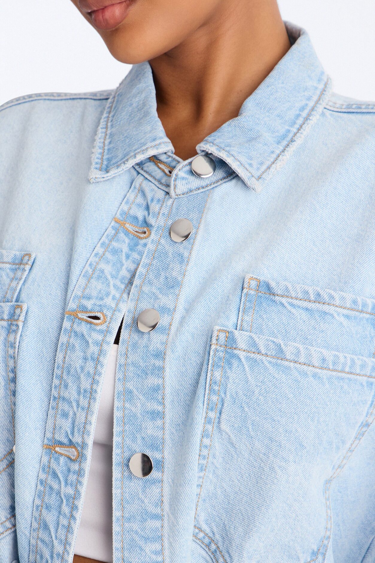 Clean Break Double Pocket Denim Shacket - Light Wash
