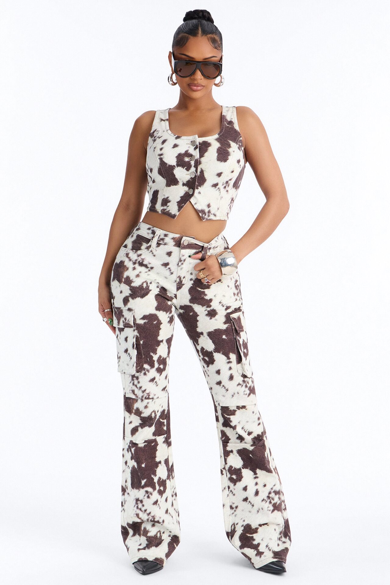 Very Western Vibes Print Denim Pant Set - Brown Combo
