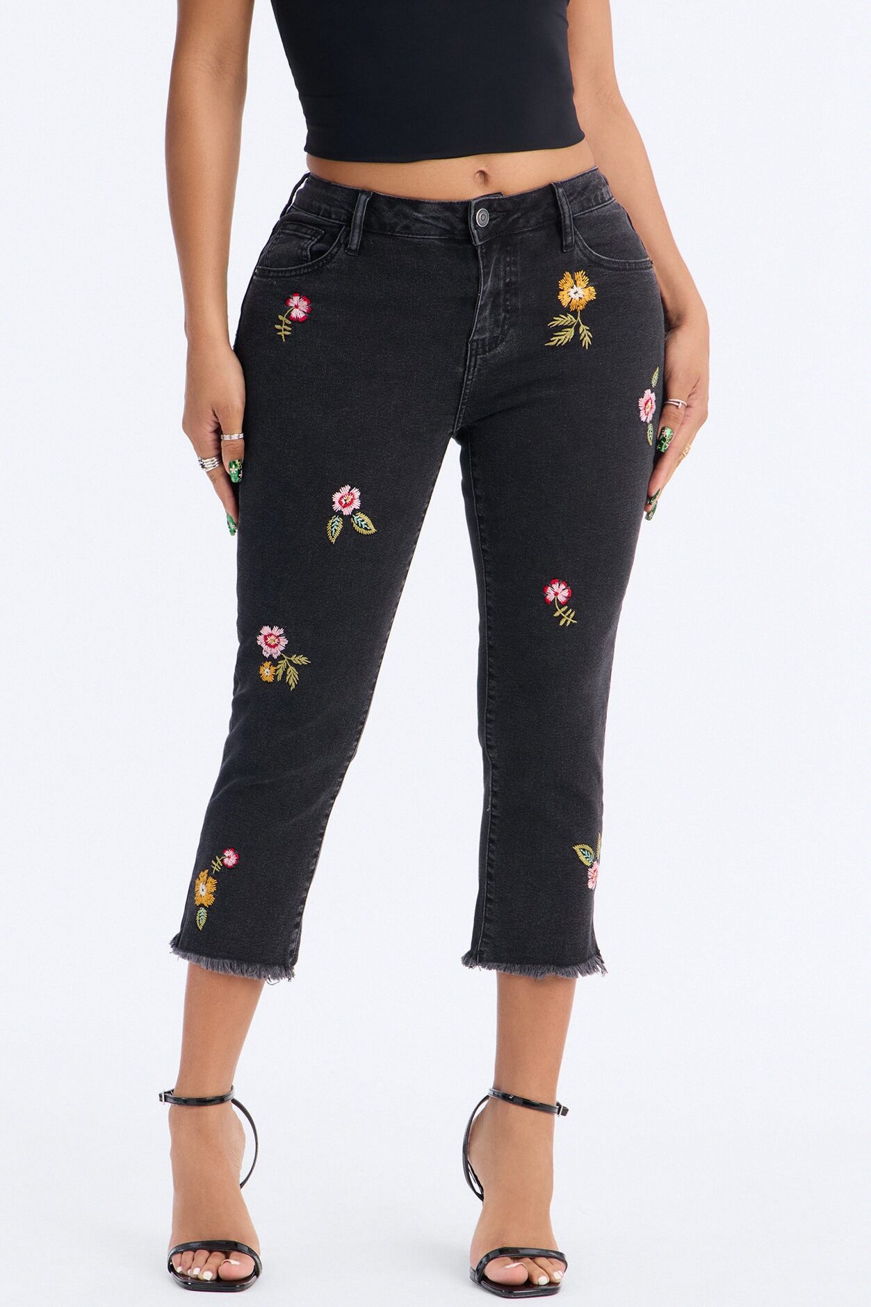 Flower Picker Embroidered Capri Jeans - Black Wash
