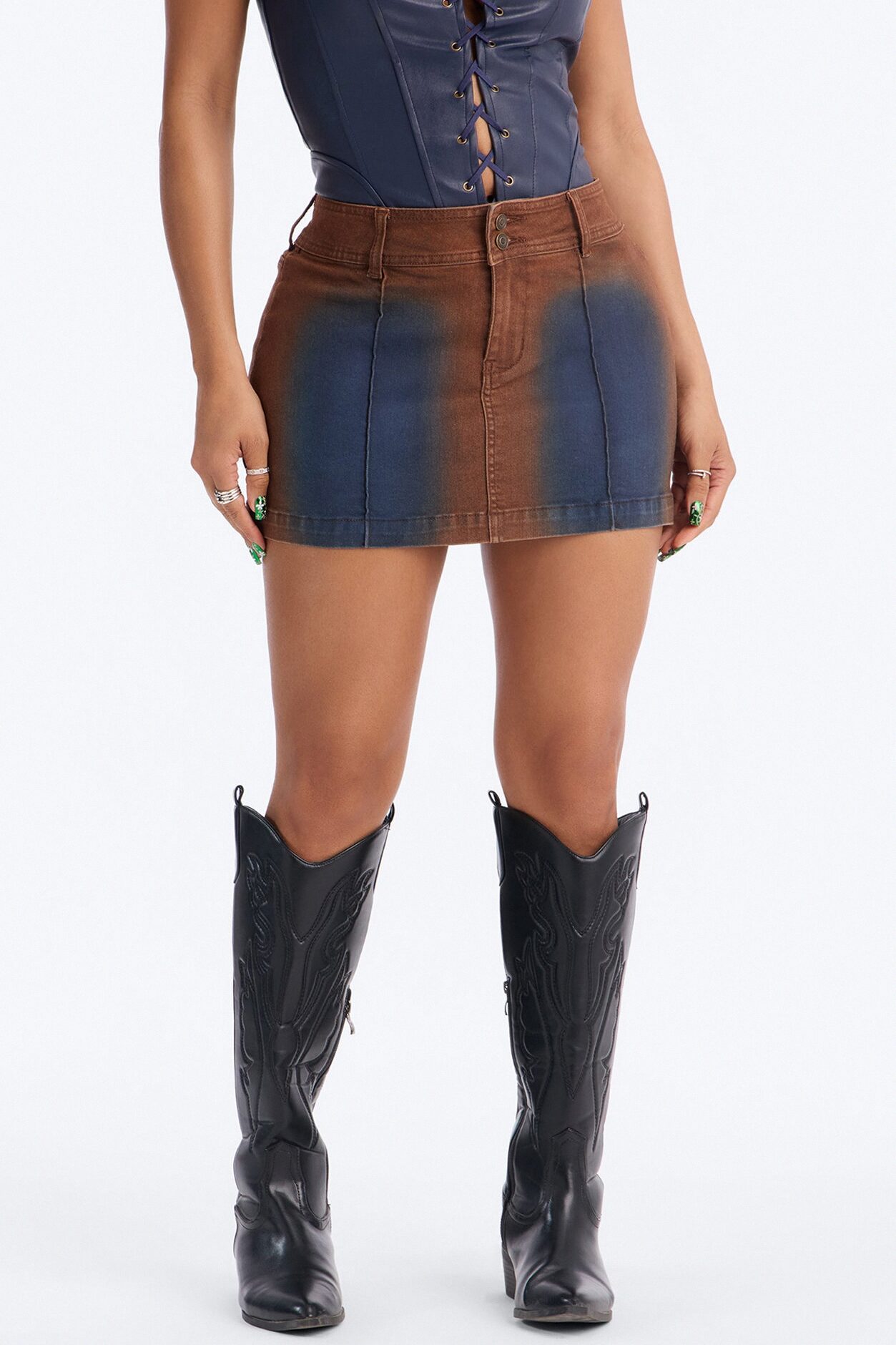 Match My Aura Tinted Denim Mini Skirt - Brown/combo