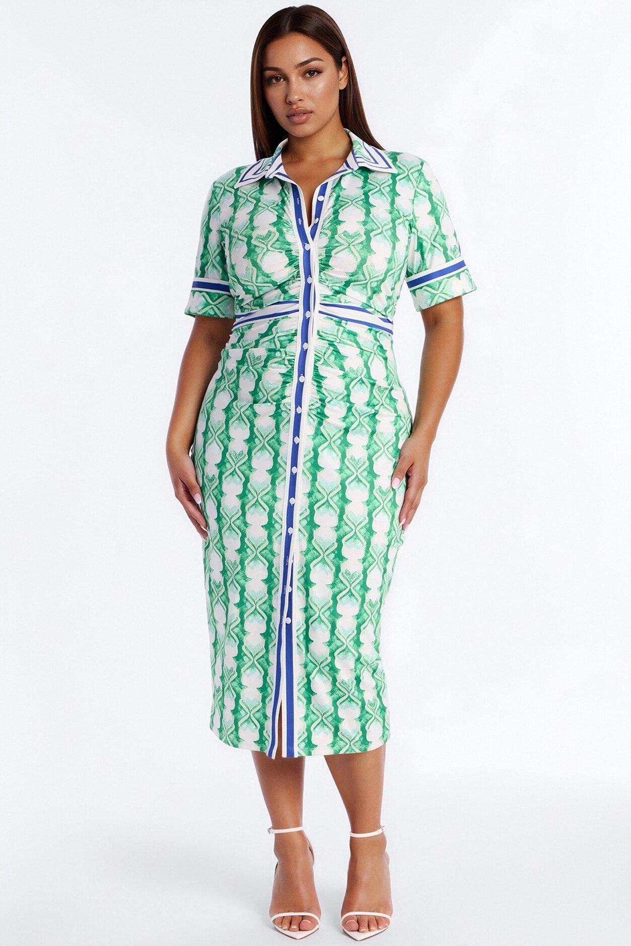Camila Ruched Printed Midi Dress - Green/combo
