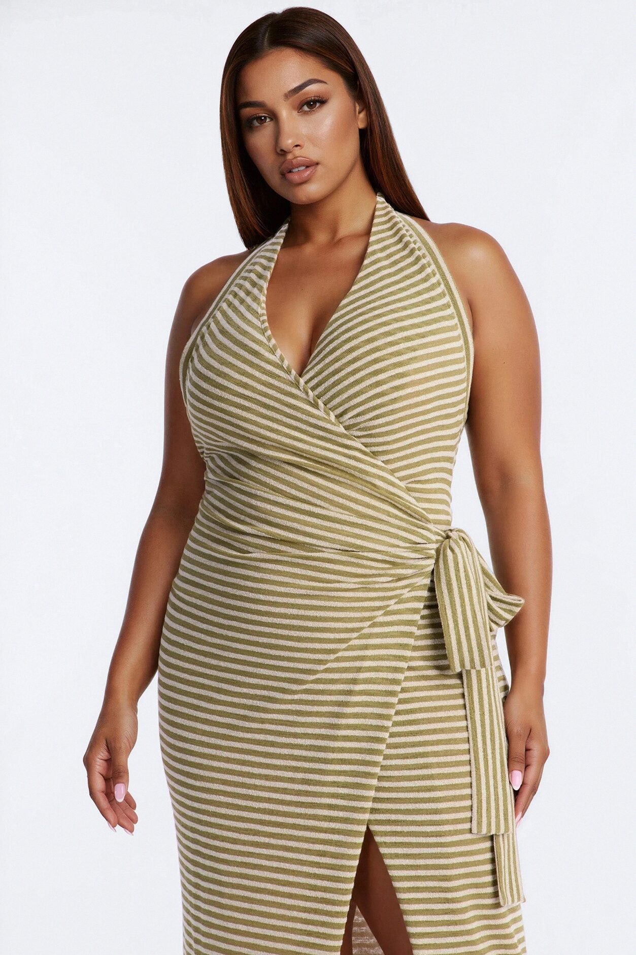 Pool Day Halter Wrap Maxi Dress - Olive/combo