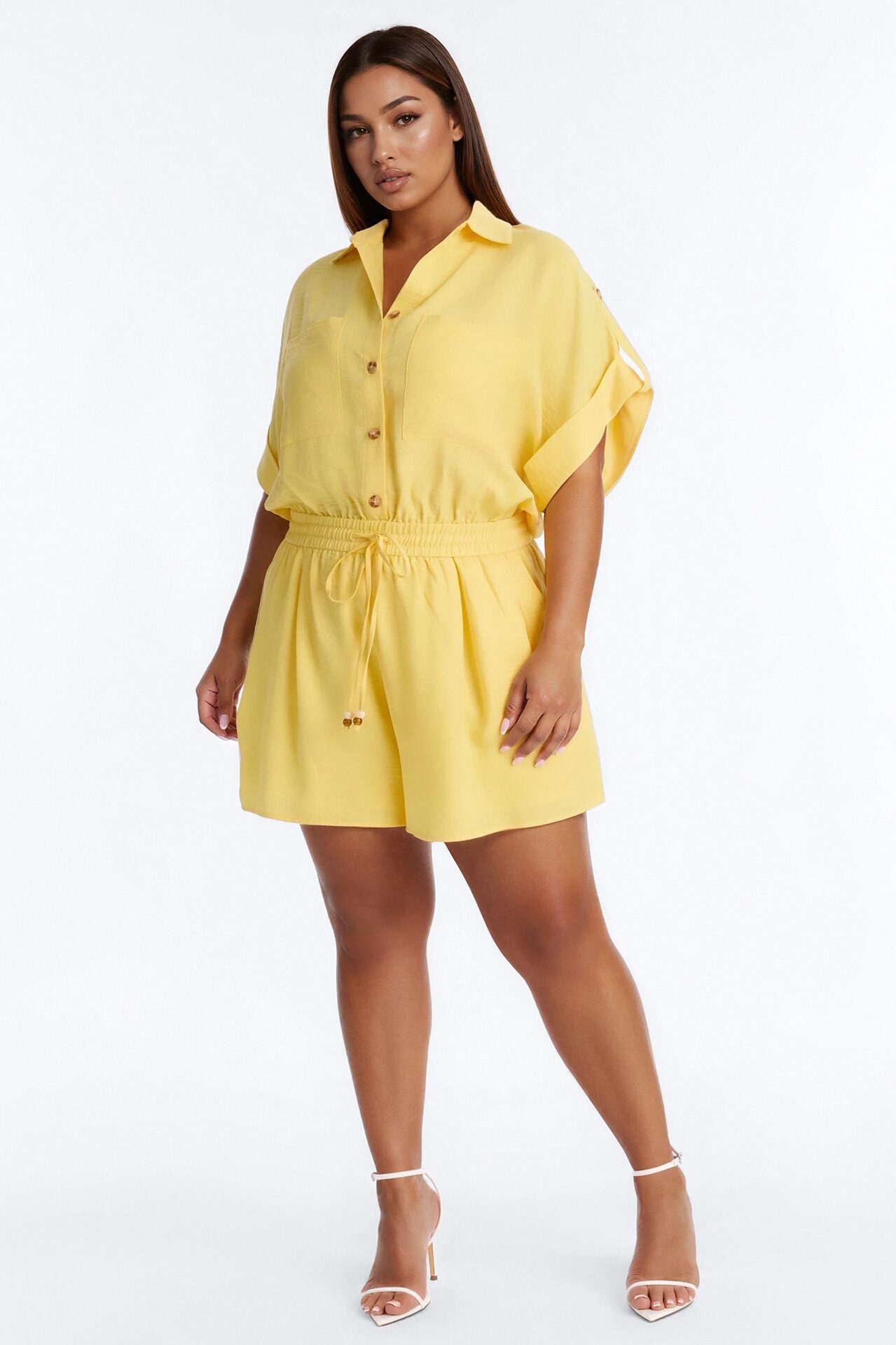 Lilah Collar Short Sleeve Romper - Yellow