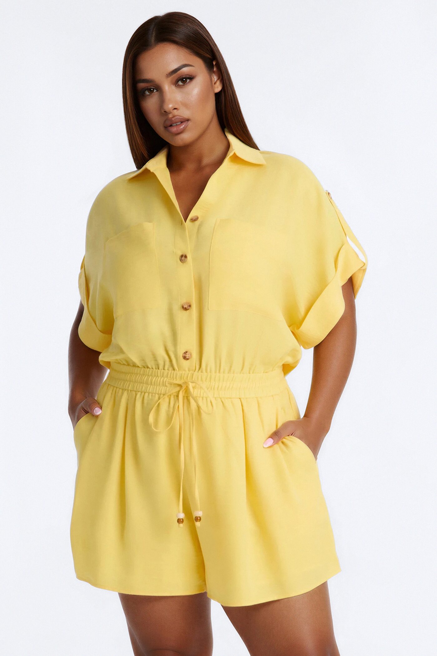 Lilah Collar Short Sleeve Romper - Yellow