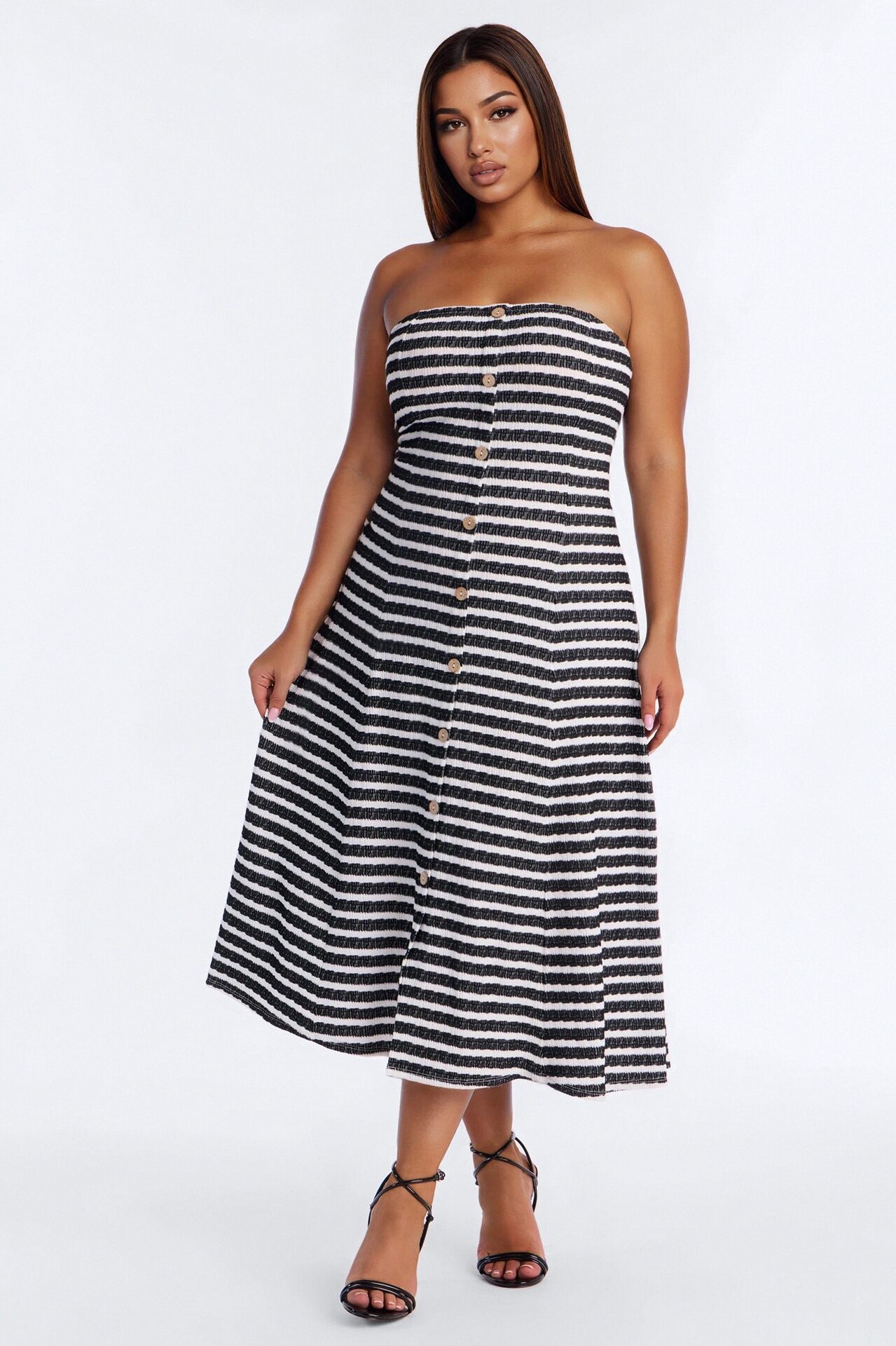 Celia Striped Textured Midi Dress - Black/White