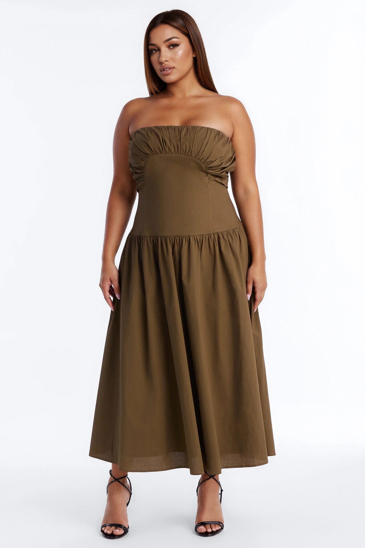 Jana Strapless Pleated Midi Dress - Olive