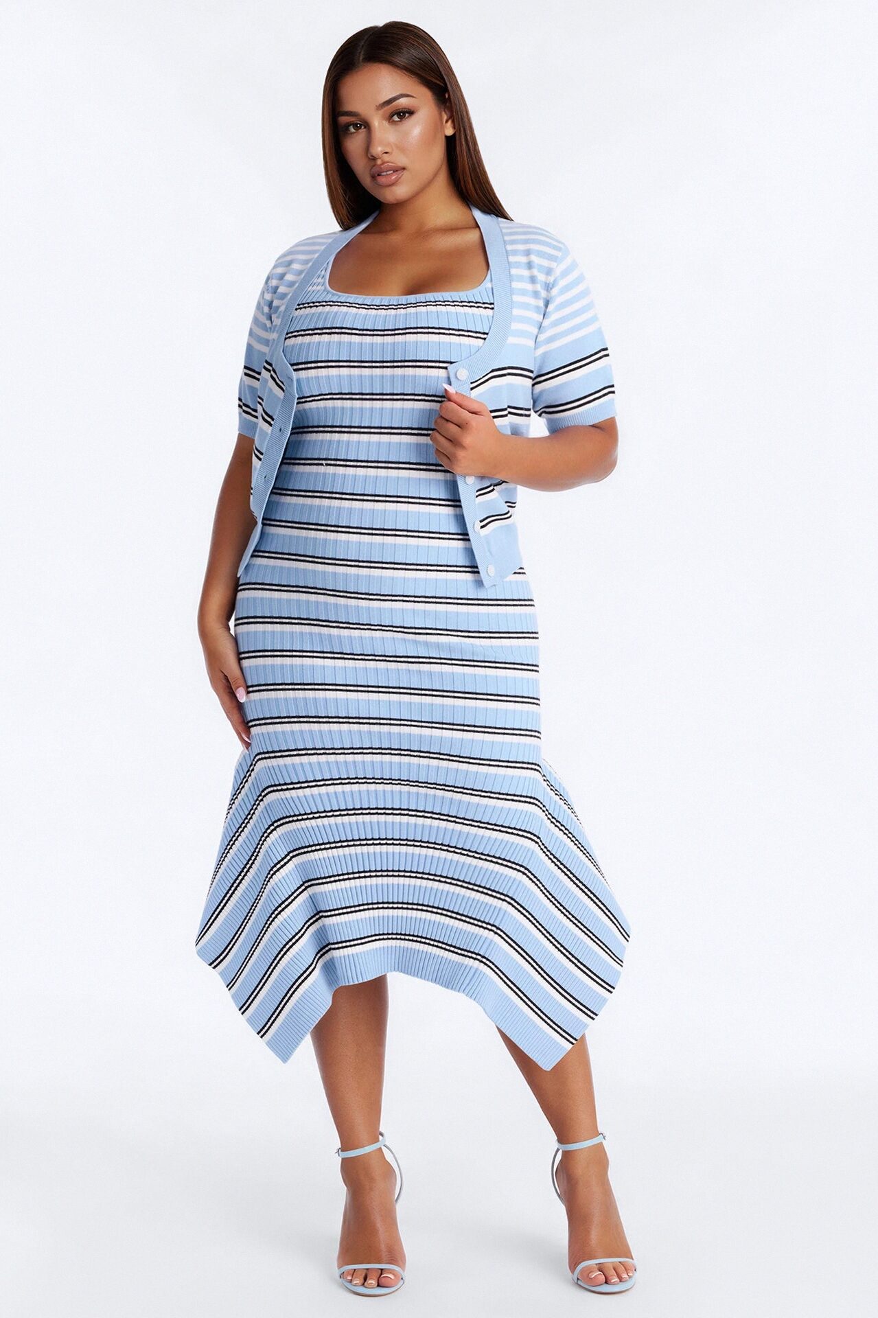 Rare Catch Ribbed Striped Midi Dress Set - Blue/combo