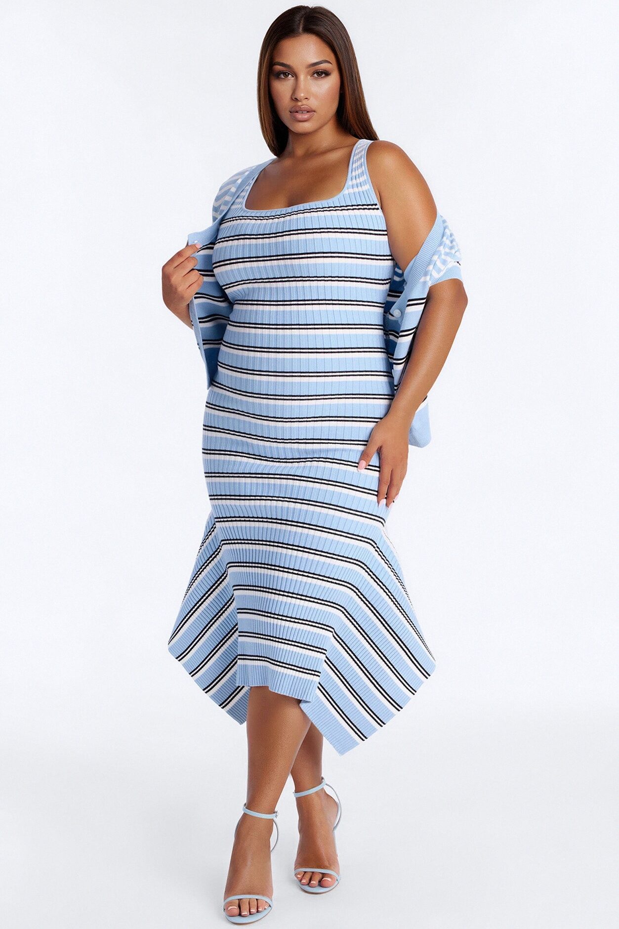 Rare Catch Ribbed Striped Midi Dress Set - Blue/combo