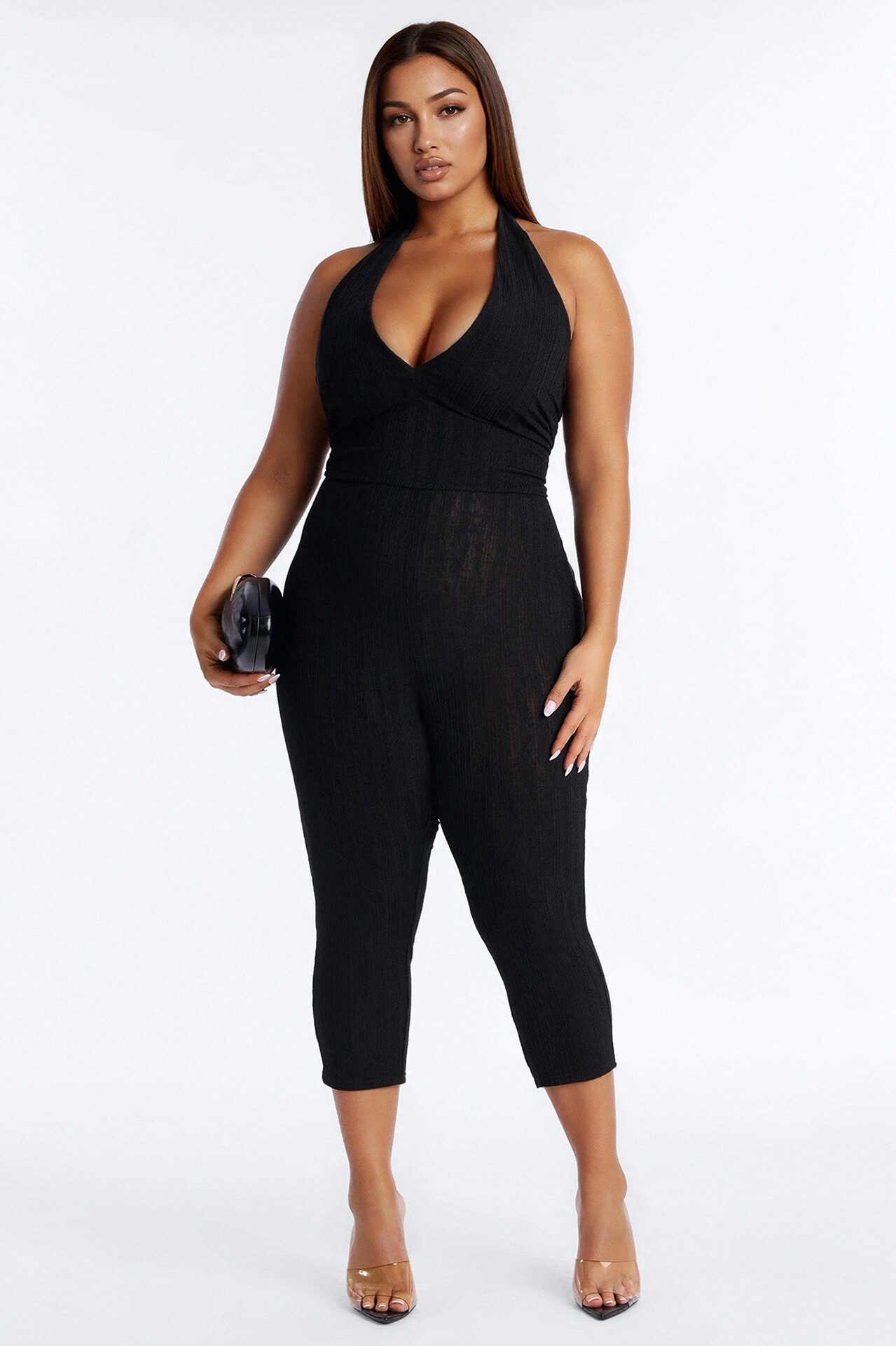 Emme Waist Tie Capri Catsuit - Black