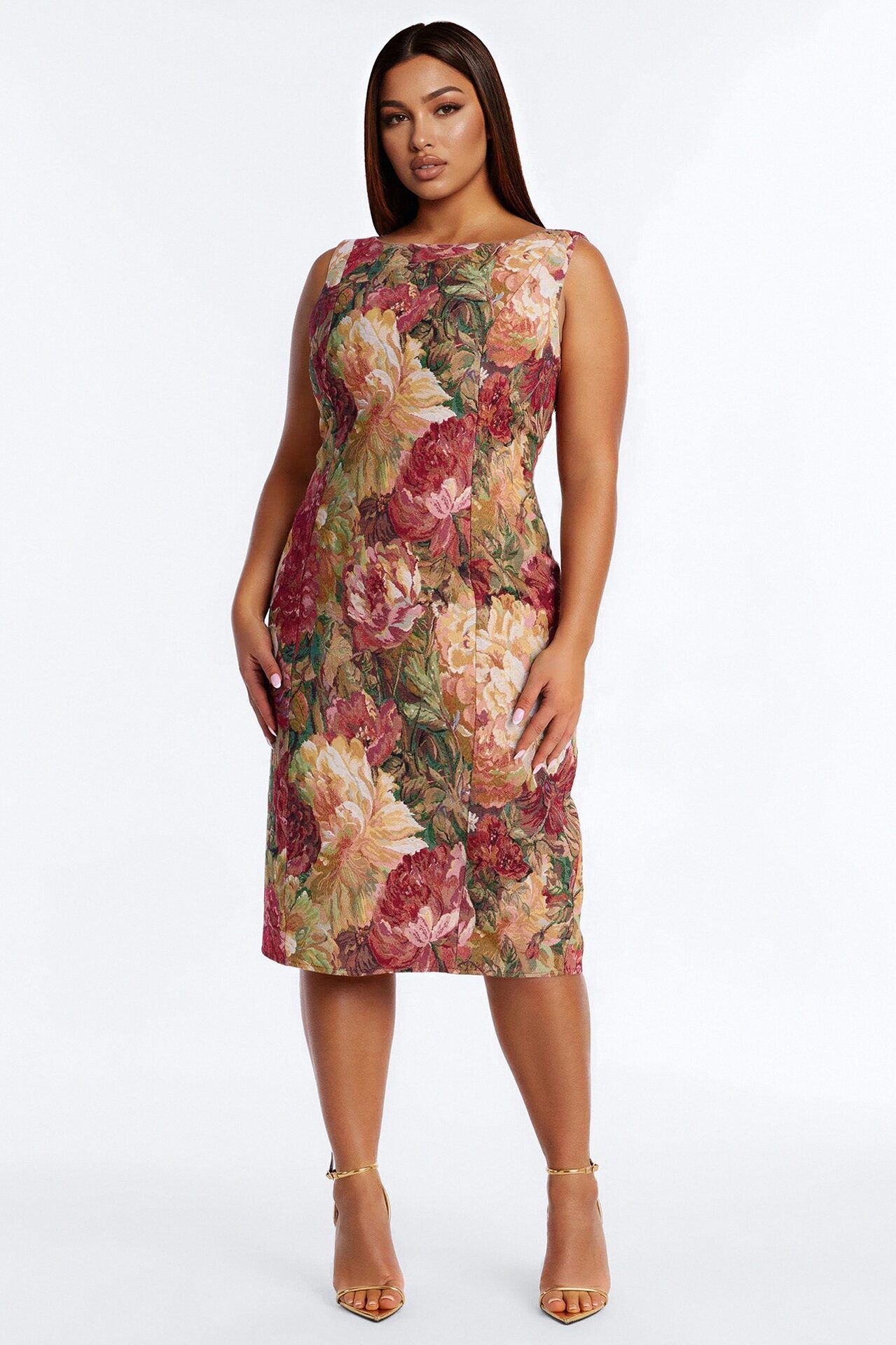 Brittany Floral Jacquard Midi Dress - Burgundy/combo