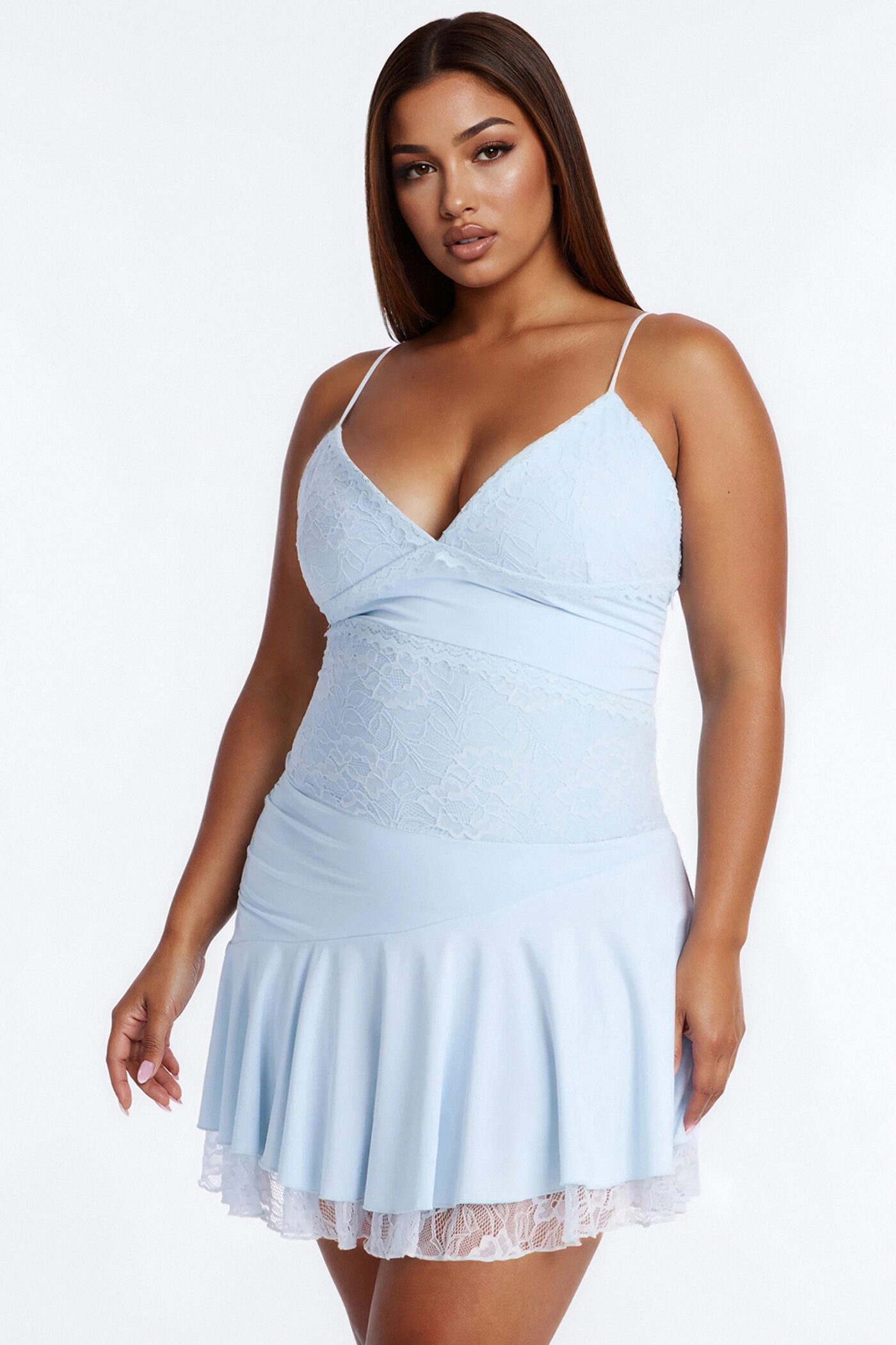 Lindsey Lace Trim Mini Dress - Light Blue