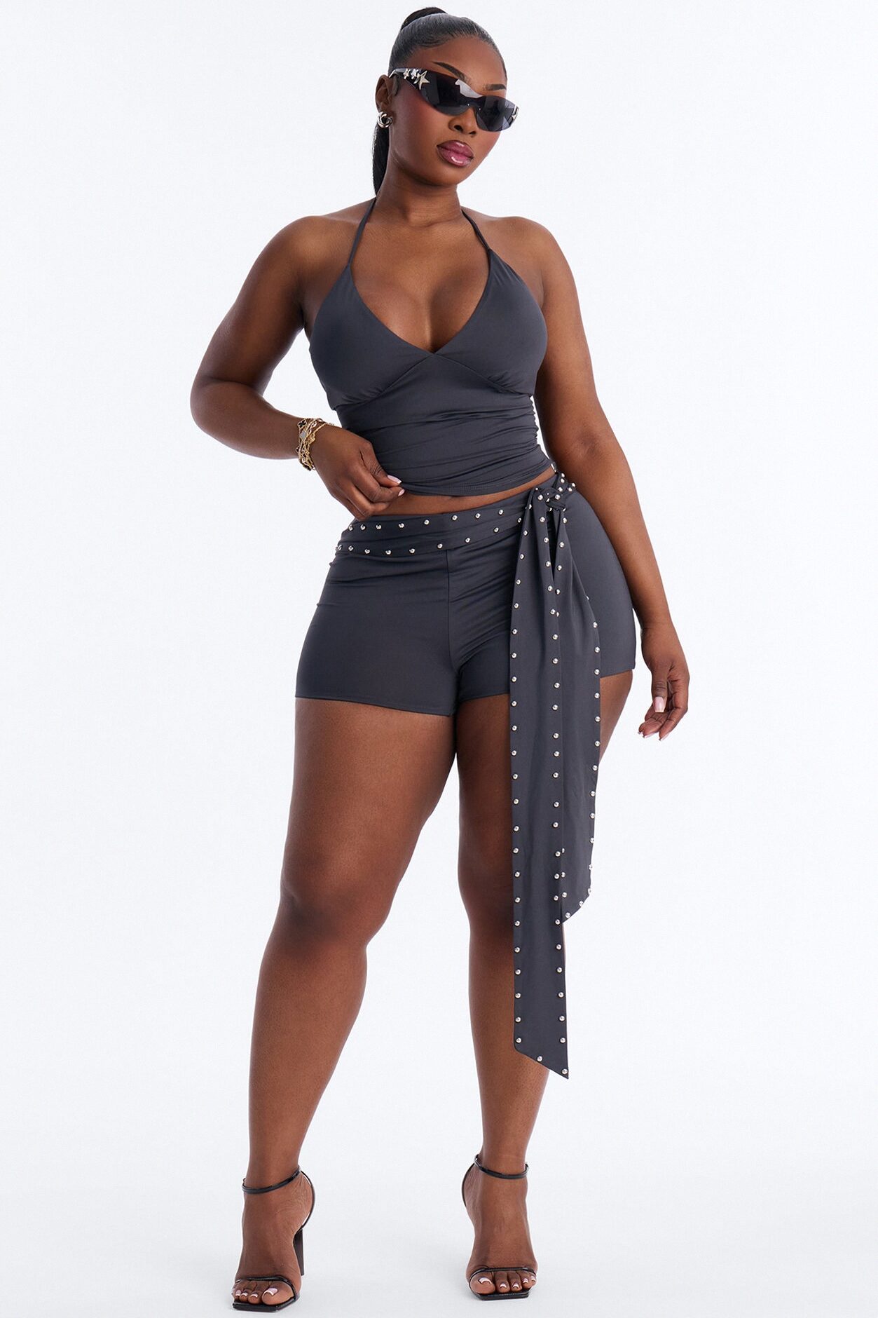 Belted Babe Micro Short Halter Set - Charcoal