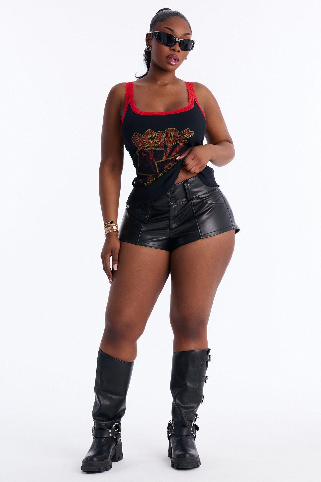 ACDC Contrast Lace Fitted Tank - Black