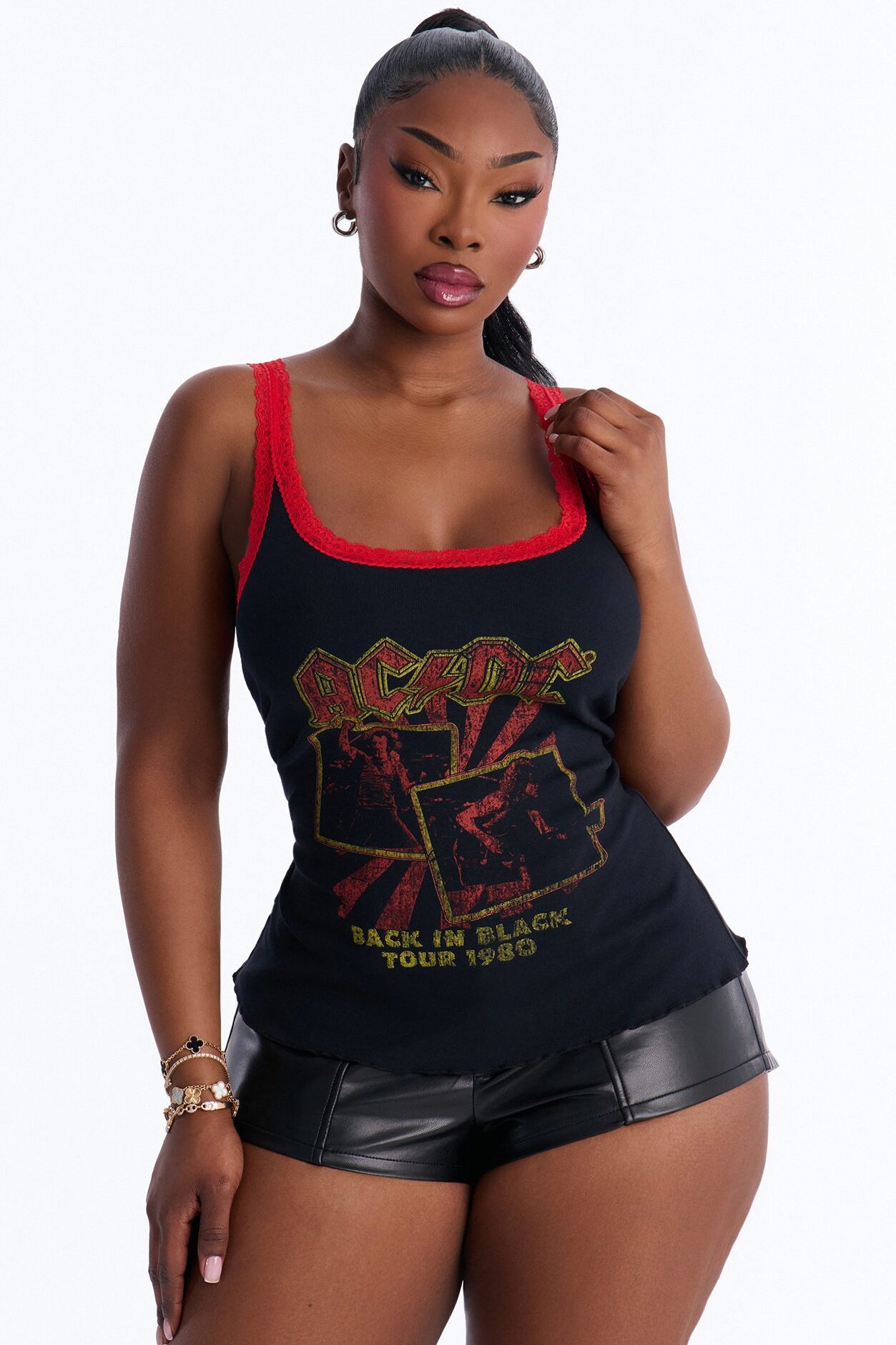 ACDC Contrast Lace Fitted Tank - Black